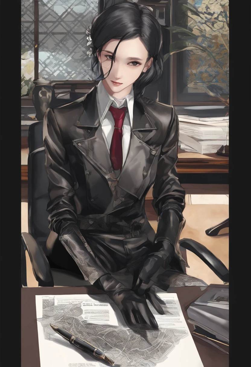 Wearing black leather gloves on both hands, Upper body, Black business suit, Facing a desk in a modern study in the dark, Looking at viewer, Smiling, Use a fountain pen to write a letter, long, Straight black hair, Japan female new employee with young and cute face (Black leather gloves cover both hands)