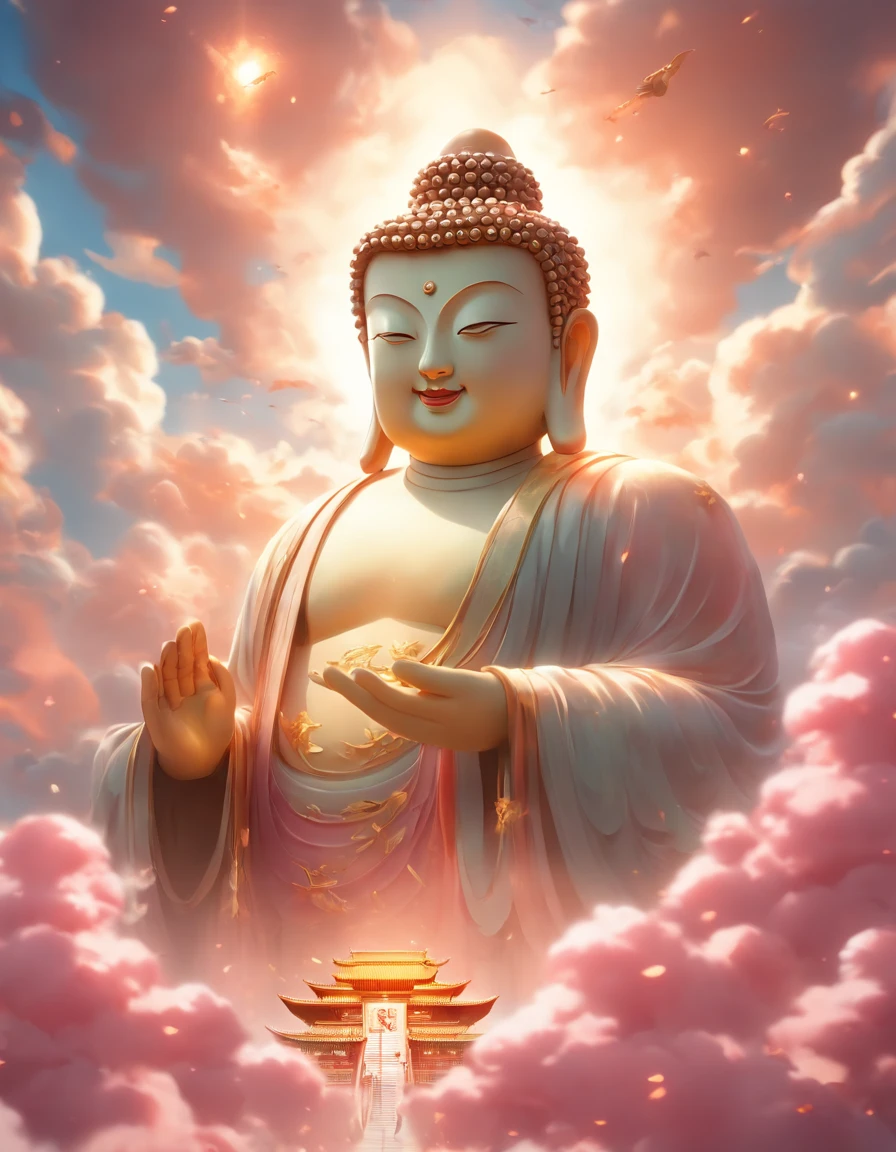((Masterpiece)),(Best quality)),China-style,In the sky, The clouds form a huge transparent glowing white jade Maitreya Buddha statue,Thick clouds,The sun shines,Pilgrims on the road,Hyper-realistic,Ultra photo realsisim,Pink,8K,High definition,high qulity,Works of masters,super-fine,(((OC renderer)))