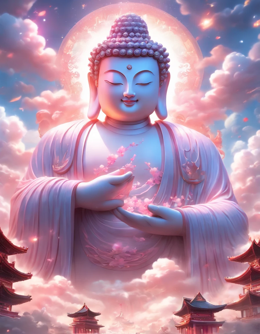 ((Masterpiece))，(Best quality))，China-style，In the sky, The clouds form a huge transparent glowing white jade Maitreya Buddha statue，Thick clouds，The sun shines，Pilgrims on the road，Hyper-realistic，Ultra photo realsisim，Pink，8K，High definition，high qulity，Works of masters，super-fine，（（（OC renderer）））