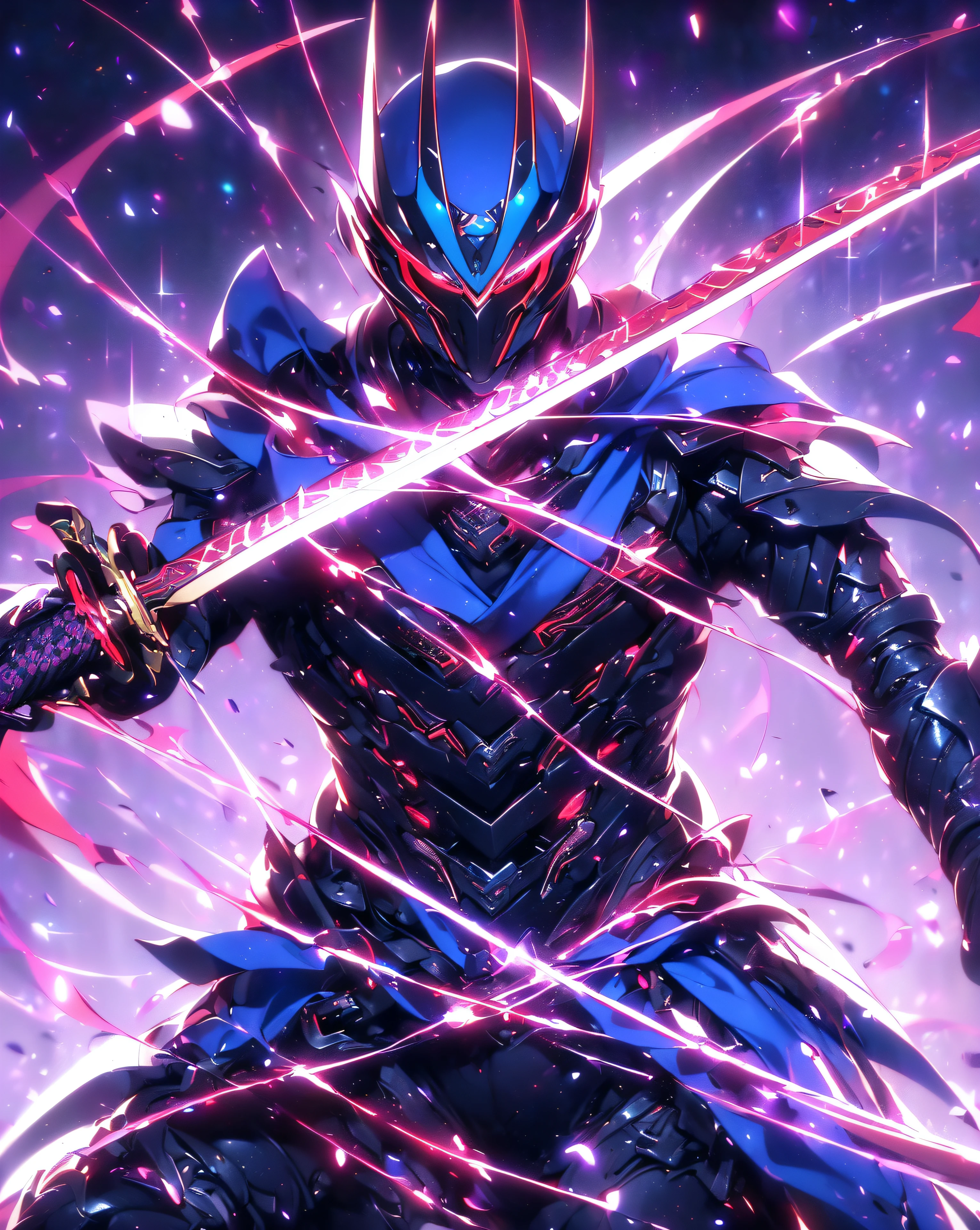 Super Realistic, Hyper Realistic, Super Detailed, (cybersamurai, 1boy, ((solo)), attacking with purple sword, wearing blue-red armor and mask, cape, glowing beautiful red eyes, glow:1.3) (glowing simple black background:1.25),