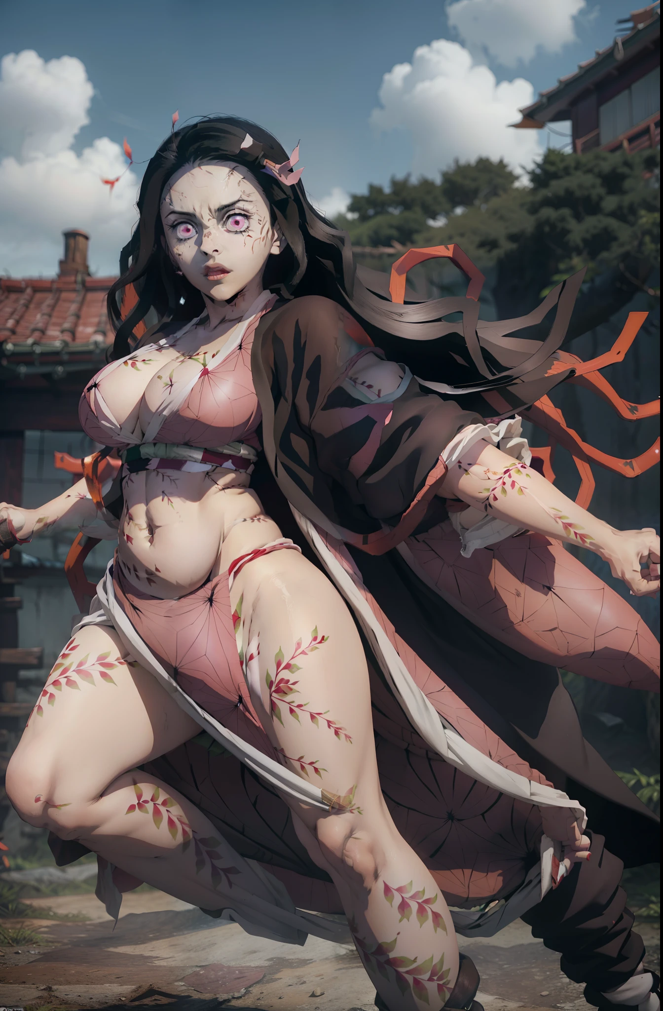 (ultra realistic photo of Nezuko kamado goddess of beauty, bright pink eyes, angry angry expression, 8k, UHD, hottie with ultra giant breasts, huge long breasts sticking out of the kimono, with long black hair and orange tips, sexy Japanese kimono dark pink, she doesn't wear panties showing her tattooed pussy, pubic hair showing), Nezuko with a piece of bamboo stuck up her ass, (Nezuko, Nezuko-chan, Demon Slayer art style, kimetsu no yaiba), Anime character female hentai, (Nezuko, in her demon form, huge breasts, giant long breasts sticking out of her clothes, her breasts sticking out of her kimono, showing beautiful pointy breasts), (the length of her ultra giant breasts goes up to her toned belly, she has leaf tattoos running down her erotic sexy body), Demon Slayer rui fanart, wielding kunai, Marin Kitagawa Fanart, clean and detailed anime art, a very beautiful berserker woman, by Kamagurka, professional art, perfect detail, (Nezuko kamado na her demonic form showing her giant, hairy pussy, based on the Demon Slayer kimetsu no yaiba), nudes, nude porn