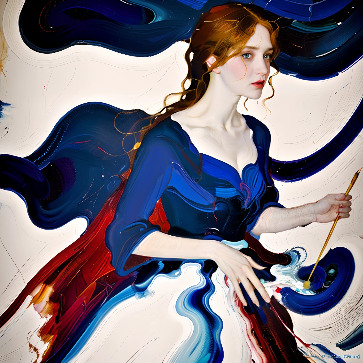 (best quality,realistic:1.37), painting of an emotional girl, snowy whimsical fantasy scene, vibrant colors of white, crimson, and royal blue mini dress, abstract shapes and lines brush strokes, poster art, emotional atmosphere. Impressive oil on canvas, Fine paintings, monochromatic. malcolm liepke oil painting, impressionist painting. art deco background