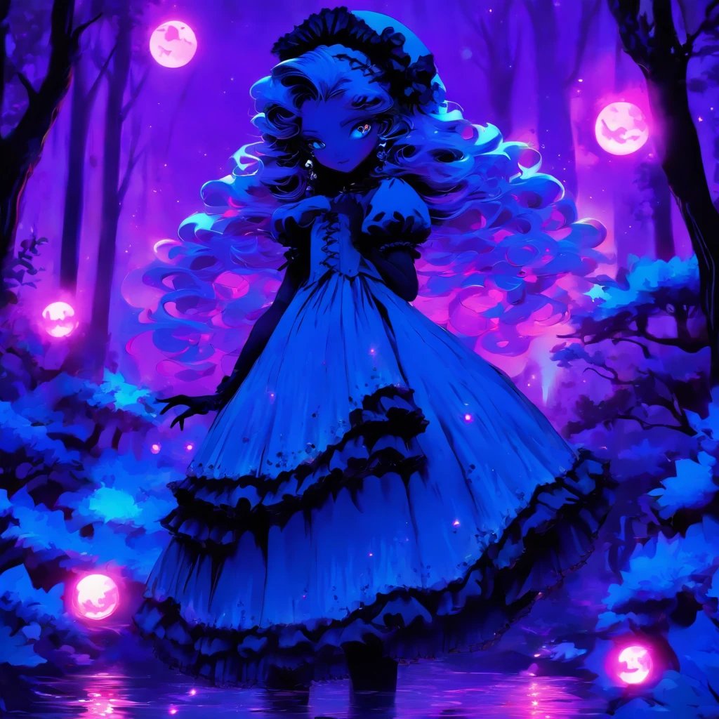 In a moonlit night, a blue-haired gothic lolita casting glowing purple spells. Her eyes, detailed and captivating, filled with determination and a touch of mischief. Her lips, beautifully detailed, curled into an enchanting smile. The intricate lace and ruffles of her gothic lolita attire complement her ethereal presence.

The scene is bathed in an otherworldly glow, with the moon's soft light illuminating the surroundings. A misty forest provides a mysterious backdrop, its trees casting long, eerie shadows. The air is heavy with magic, as swirling purple spells emanate from the lolita's hands.

The artwork showcases the finest craftsmanship, with ultra-detailed strokes bringing the lolita's enchanting presence to life. The colors are vivid, with the purple spells contrasting against the dark blues and blacks of the night. The lighting creates a dramatic atmosphere, emphasizing the magical aura surrounding the lolita.

The medium used for this artwork is a mix of digital illustration and photorealistic rendering. The combination of these techniques creates a unique style that blends fantasy and reality. The attention to detail and the use of physically-based rendering techniques add depth and realism to the artwork.

The overall artistic style is a fusion of gothic and fantasy elements. It portrays a sense of mystery and allure, capturing the essence of the gothic lolita subculture. The color palette is dominated by shades of blue and purple, enhancing the magical atmosphere of the scene.

This prompt aims to generate a high-quality, detailed artwork. The emphasis on realism and the use of professional techniques ensure that every aspect of the artwork is meticulously crafted. The result is a masterpiece that transports the viewer into a world of magical possibilities.

Tags: blue-haired, gothic lolita, glowing purple spells, moonlight, detailed eyes, detailed lips, misty forest, swirling spells, enchanting smile, intricate lace, ruffles, ethereal presence, otherwor
