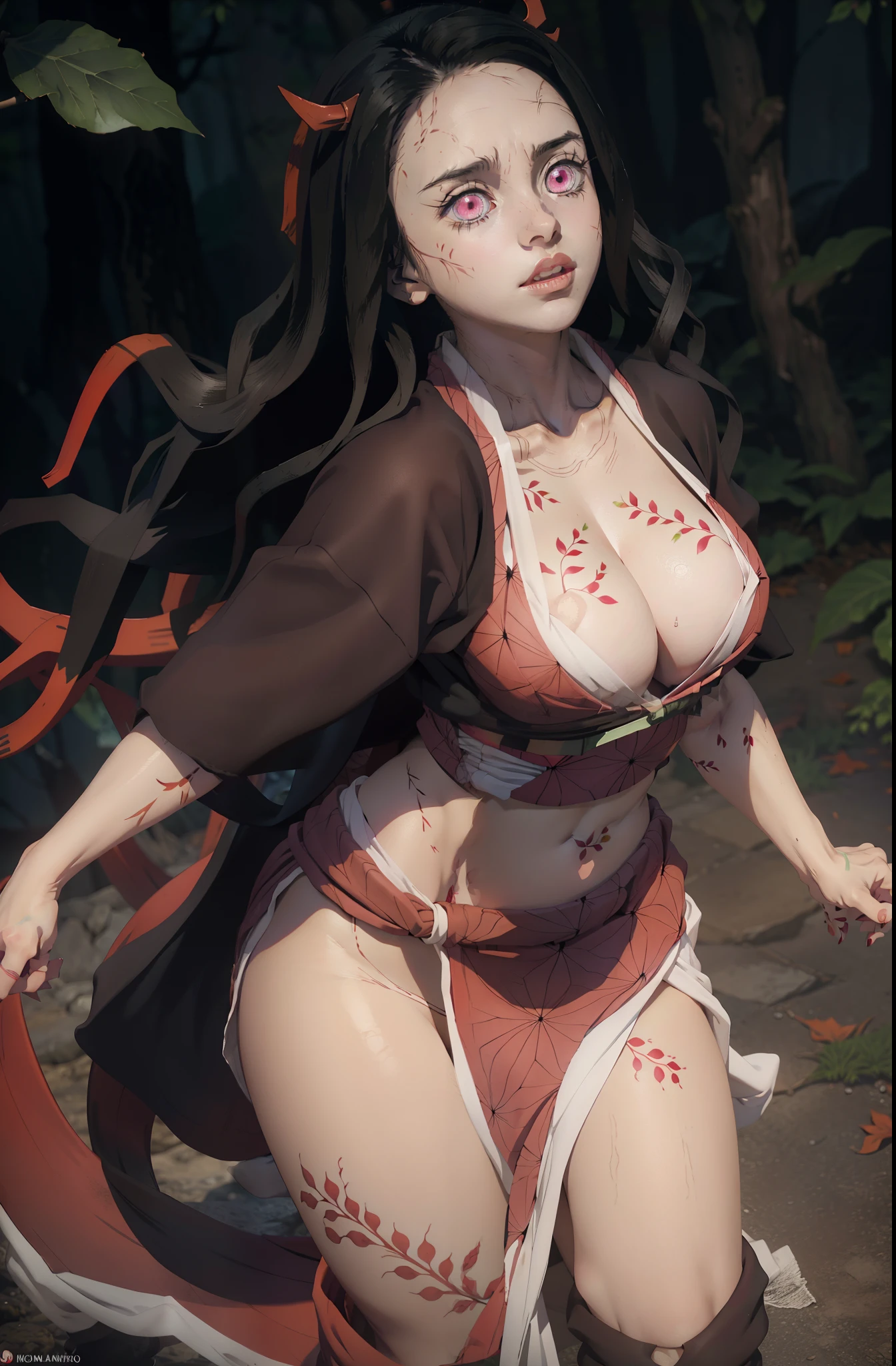 (ultra realistic photo of Nezuko kamado goddess of beauty, bright pink eyes, angry angry expression, 8k, UHD, hottie with ultra giant breasts, huge long breasts sticking out of the kimono, with long black hair and orange tips, sexy Japanese kimono dark pink, she doesn't wear panties showing her tattooed pussy, pubic hair showing), Nezuko with a piece of bamboo stuck up her ass, (Nezuko, Nezuko-chan, Demon Slayer art style, kimetsu no yaiba), Anime character female hentai, (Nezuko, in her demon form, huge breasts, giant long breasts sticking out of her clothes, her breasts sticking out of her kimono, showing beautiful pointy breasts), (the length of her ultra giant breasts goes up to her toned belly, she has leaf tattoos running down her erotic sexy body), Demon Slayer rui fanart, wielding kunai, Marin Kitagawa Fanart, clean and detailed anime art, a very beautiful berserker woman, by Kamagurka, professional art, perfect detail, (Nezuko kamado na her demonic form showing her giant, hairy pussy, based on the Demon Slayer kimetsu no yaiba), nudes, nude porn