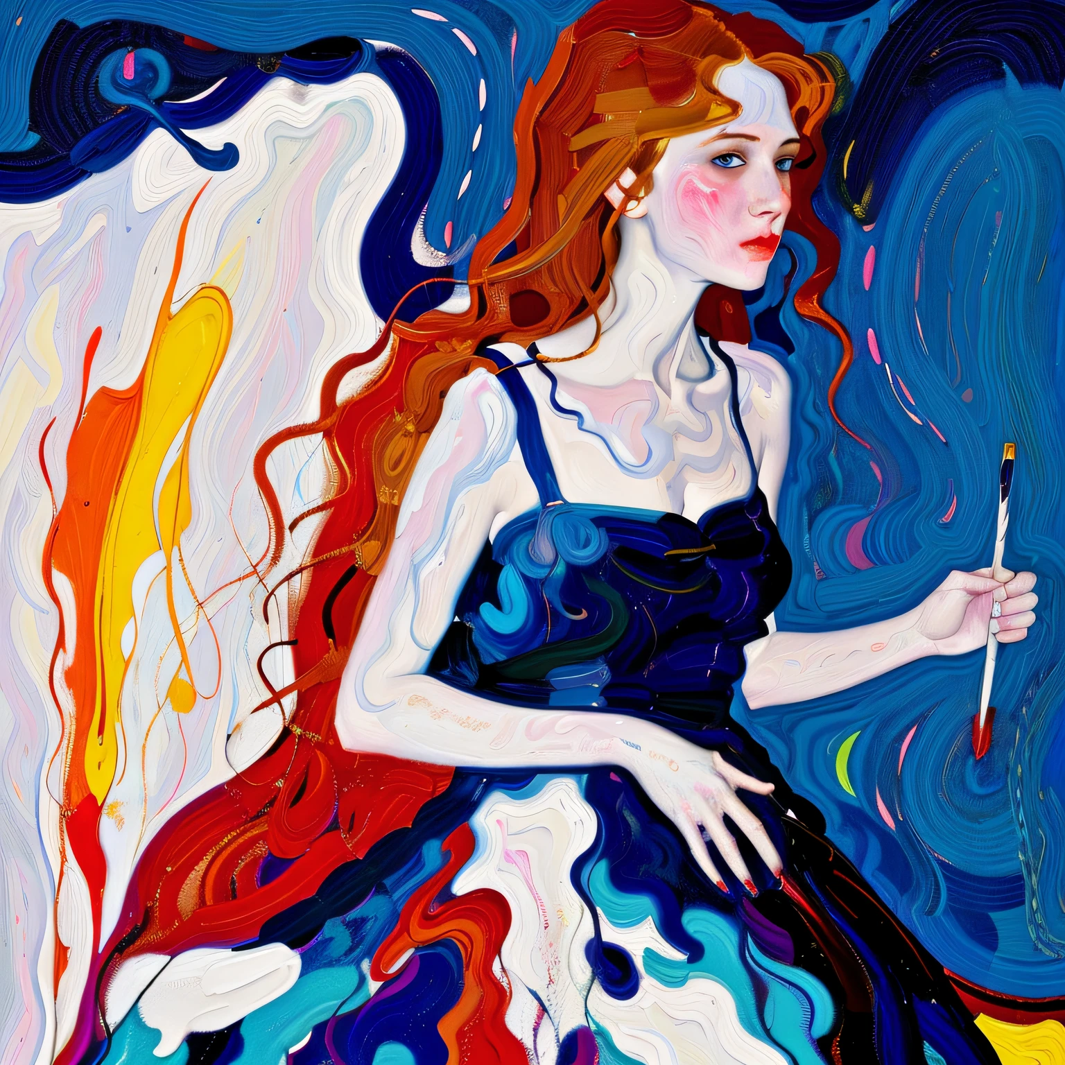 (best quality,realistic:1.37), painting of an emotional girl, snowy whimsical fantasy scene, vibrant colors of white, crimson, and royal blue mini dress, abstract shapes and lines brush strokes, poster art, emotional atmosphere. Impressive oil on canvas, Fine paintings, monochromatic. malcolm liepke oil painting, impressionist painting. art deco background