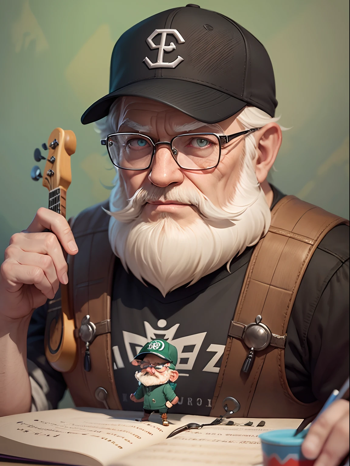 cartoon character of an old man with beard and glasses with a baseball cap, cute detailed digital art, high quality character design, highly detailed character design, game character design, adorable digital painting, game character art, musician, highly detailed character, anthropomorphic musician hero, 2d illustration, 2d illustration, by Yu Zhiding, great character design