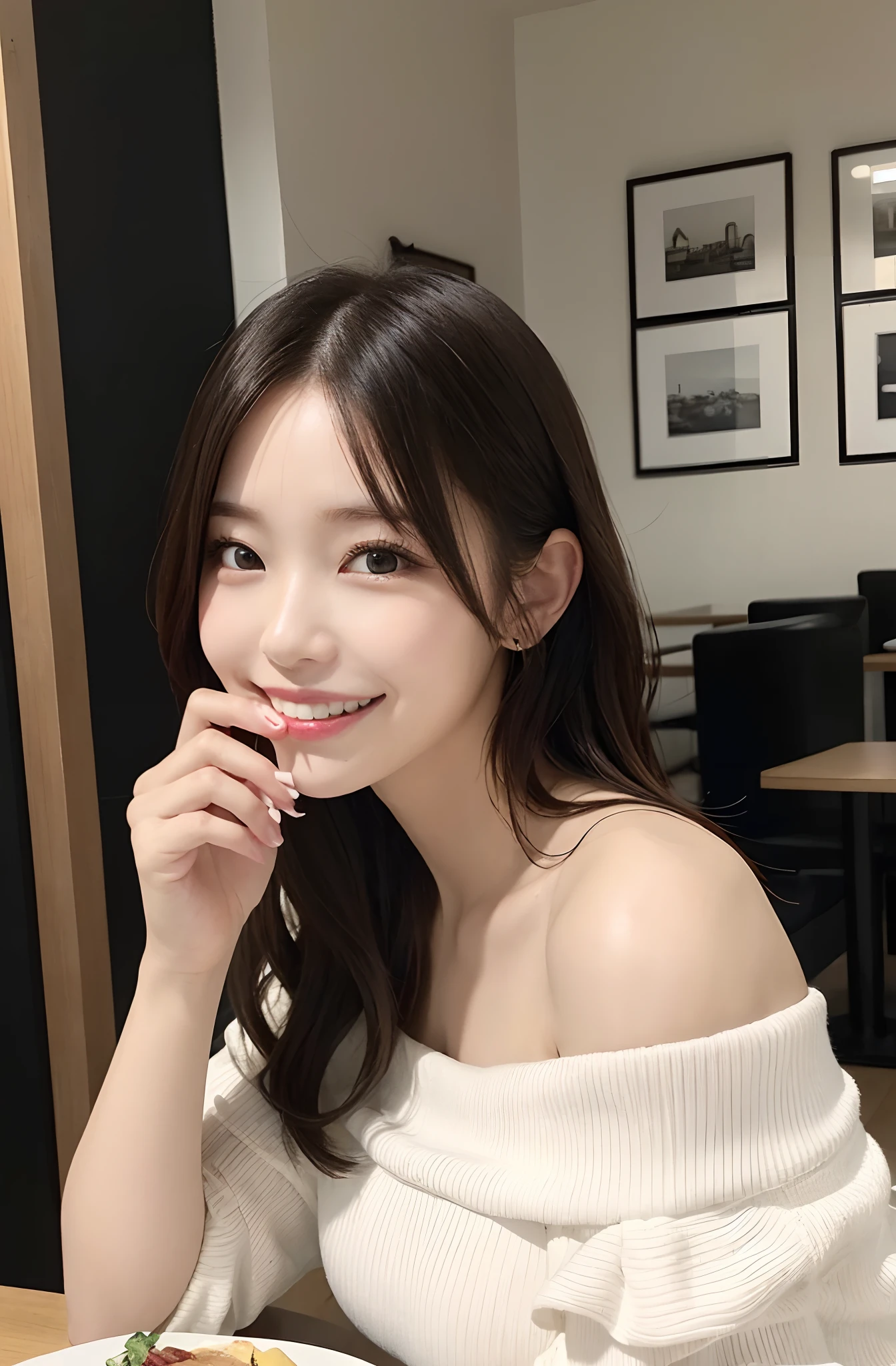 (masutepiece:1.5)、(top-quality:1.5)、(16k wallpaper:1.2)、(Photorealsitic:1.2)、(ultra-detailliert:1.2)、(超A high resolution:1.2)、(Cool Men:1.5)、(Woman eating lunch:1.3)、Inside the café、super-detaild skin、Detailed and clean eyes、Natural Color Lip、(White off-shoulder knit)、Black leather miniskirt and knee-length boots、Semi-long bob hair、large full breasts、Shy smile、Seen from the front