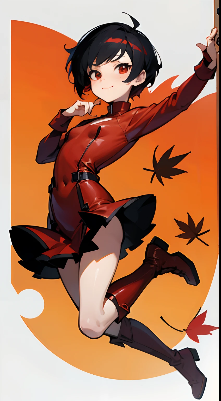 (Best Quality,4K,High resolution), A girl child,Chibi、 Red mesh hair on black hair, Very short berry shorthair,Boyish shorthair、Hair ornament of autumn leaves、sharp eye、Red Eyes、 Innocence,Smile cheerfully,small tits、slender physique、 Tight high neck red leather mini dress with intricate decoration,corsets、Red Leather Draped Mini Pants Skirt,Red knee-high boots with decoration、Comical appearance,noisy,busy、Frolic、comic strip,animesque,Comical illustration,Deformed cute illustration,Delicately expresses realistic skin texture、Full body projection、buttle、Jumping around、Comical little animals