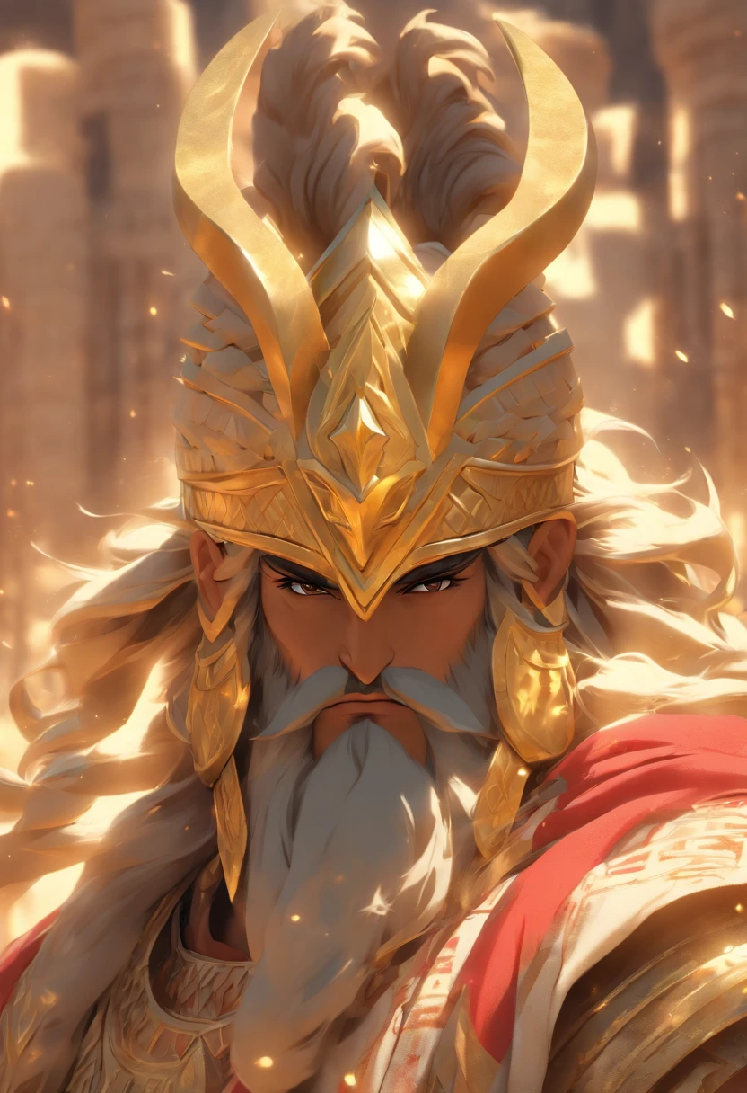 (((Phoenician God))) best quality, ultra-high resolution, 4K detailed CG, master piece, BAAL, Arab man, beard, ((golden horned helmet)), Phoenician clothing, Phoenician mythology, Arabic painting style, aesthetic , Beautiful image, depth of field, centered on the screen