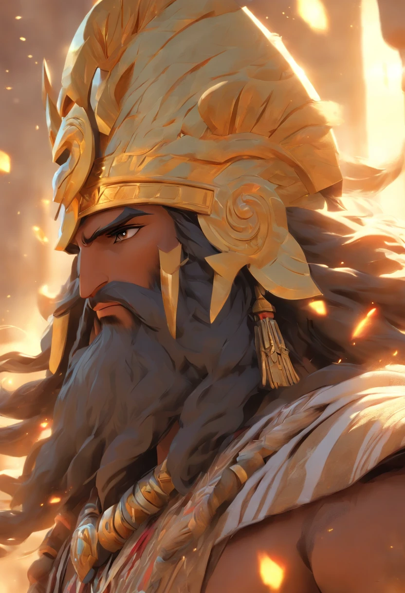 (((Phoenician God))) best quality, ultra-high resolution, 4K detailed CG, master piece, BAAL, Arab man, beard, ((golden horned helmet)), Phoenician clothing, Phoenician mythology, Arabic painting style, aesthetic , Beautiful image, depth of field, centered on the screen