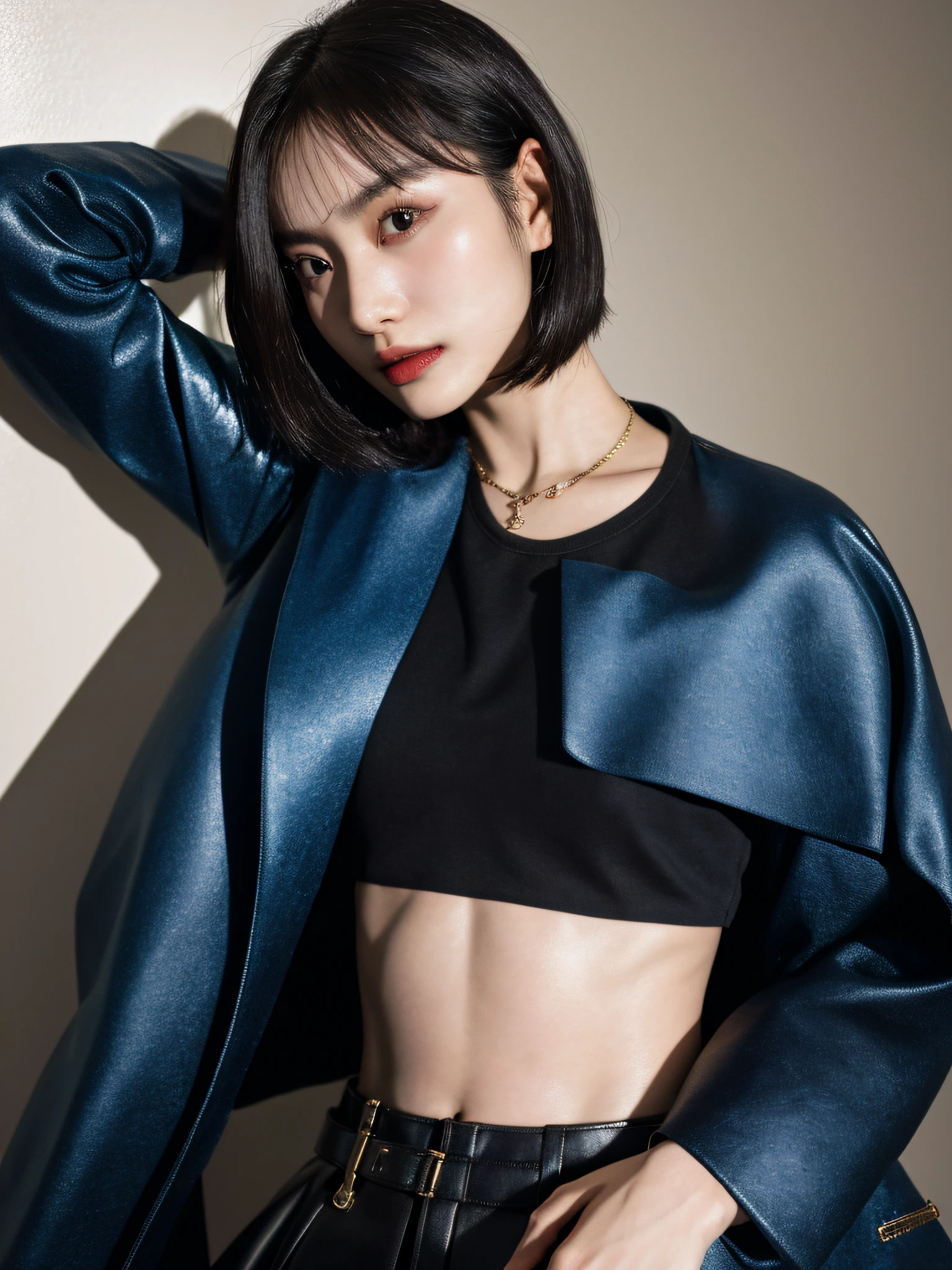 (Forehead, Cropped jacket, Abs, Midriff, frown, Short hair, Black hair, eye line:1.3), (masutepiece, Best Quality, beautiful quality), (Photorealistic:1.4), (Detailed Lighting, highlydetailed skin, very detail hair, shadowy, 8K, Pictures of Sadao, 1girl in:1.2), Looking at Viewer, (high key lighting), masutepiece, of the highest quality, Best Quality, Official art, Unity 8k壁纸, hight resolution, 超A high resolution, Ultra-detailed, Beautiful and aesthetic