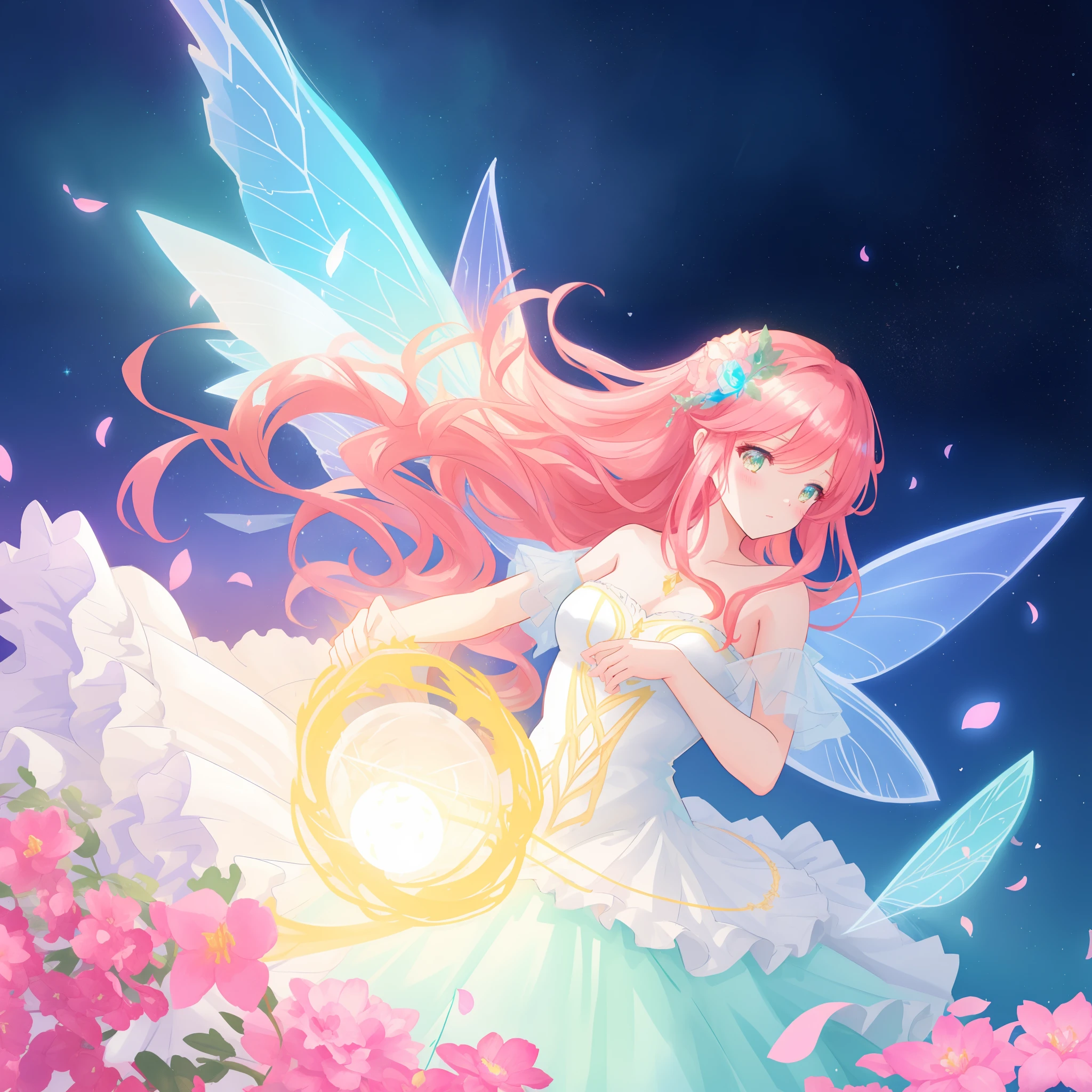 beautiful girl in flowing ballgown dress, (glowing fairy wings), glowing flowing ballgown, long wavy hair, sparkling fairy wings, watercolor illustration, flowers and colorful plants, inspired by Glen Keane, inspired by Lois van Baarle, disney art style, by Lois van Baarle, glowing aura around her, by Glen Keane, jen bartel, glowing lights! digital painting, flowing glowing hair, glowing flowing hair, beautiful digital illustration, fantasia otherworldly landscape plants flowers, beautiful, masterpiece, best quality, anime disney style, fairy queen