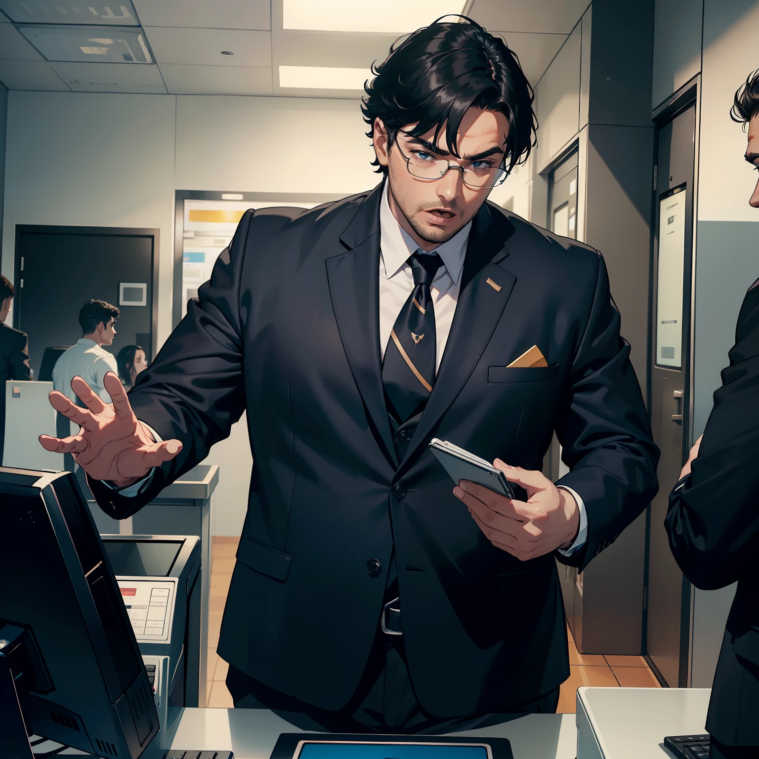1 male，Slightly fat，Calling，to talk，Mouth open，Wearing a black suit uniform of the bank，At the bank counter, b592