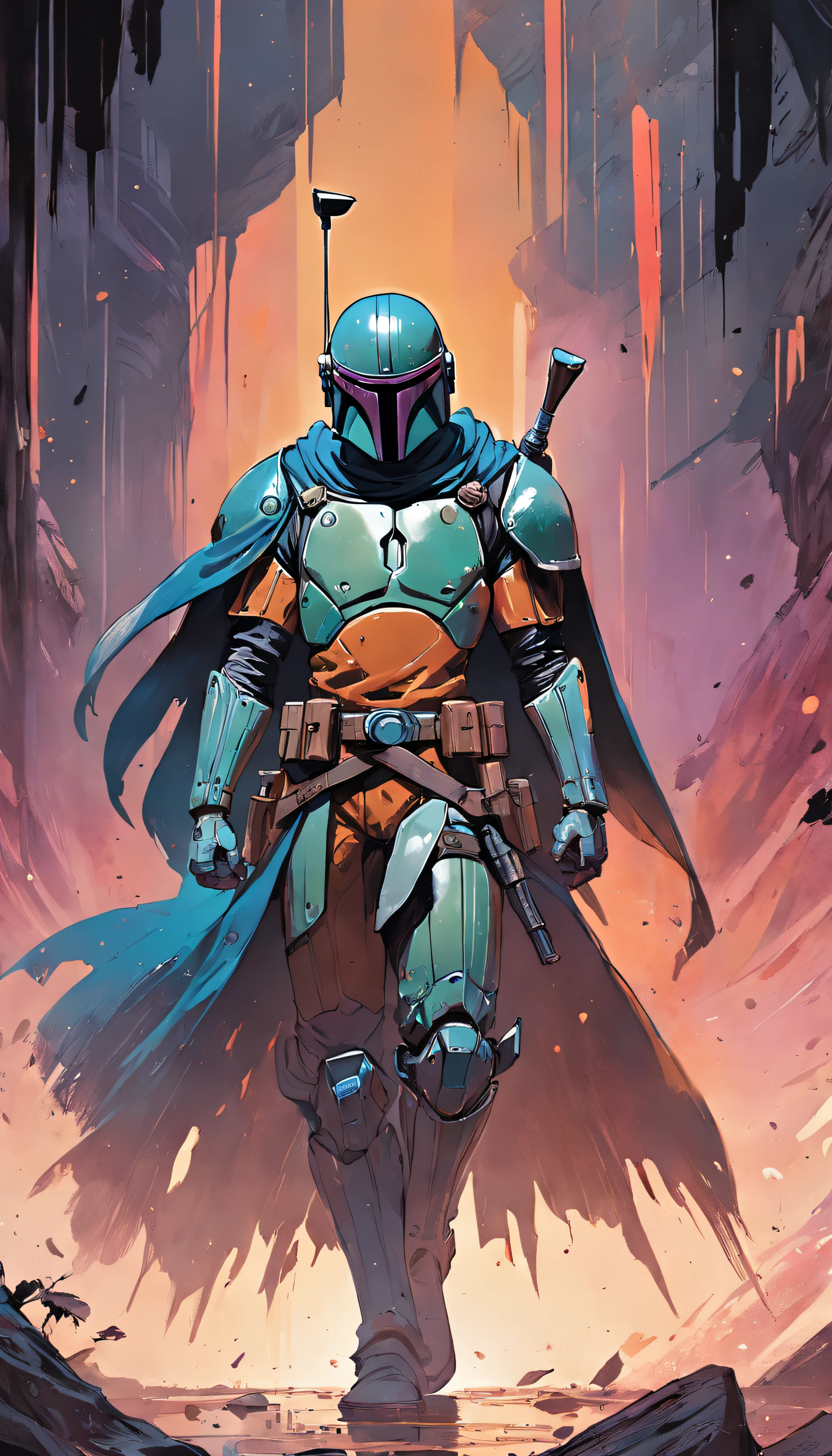 Mandalorian ink painting, Digital illustration, Comic strip style, aquarelle, ArtStation style, conceptual art, 2D illustration, author:Peter Draws, author:Carne Griffith, author:Wadim Kashin, full bodyesbian, Centered,Detailed, smooth, Dynamic pose