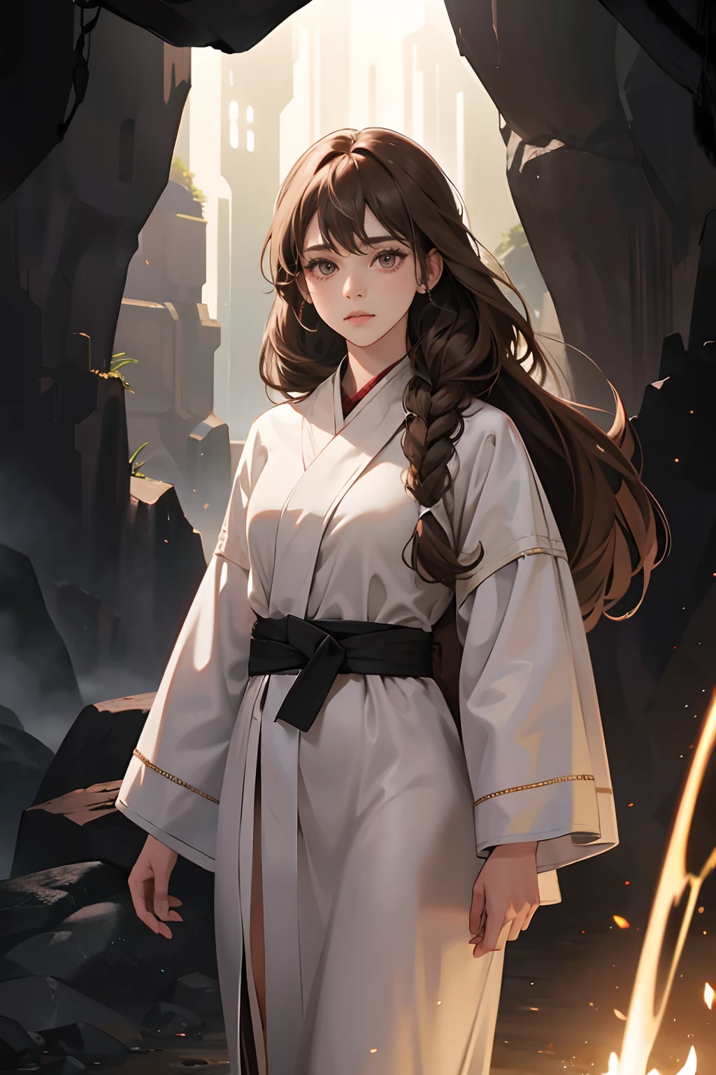 1 girl,adult female, Perfect female body, brown long hair,braid,white robe, stand in the cave,dark night,eyes looking to camera,Ray tracing,half body