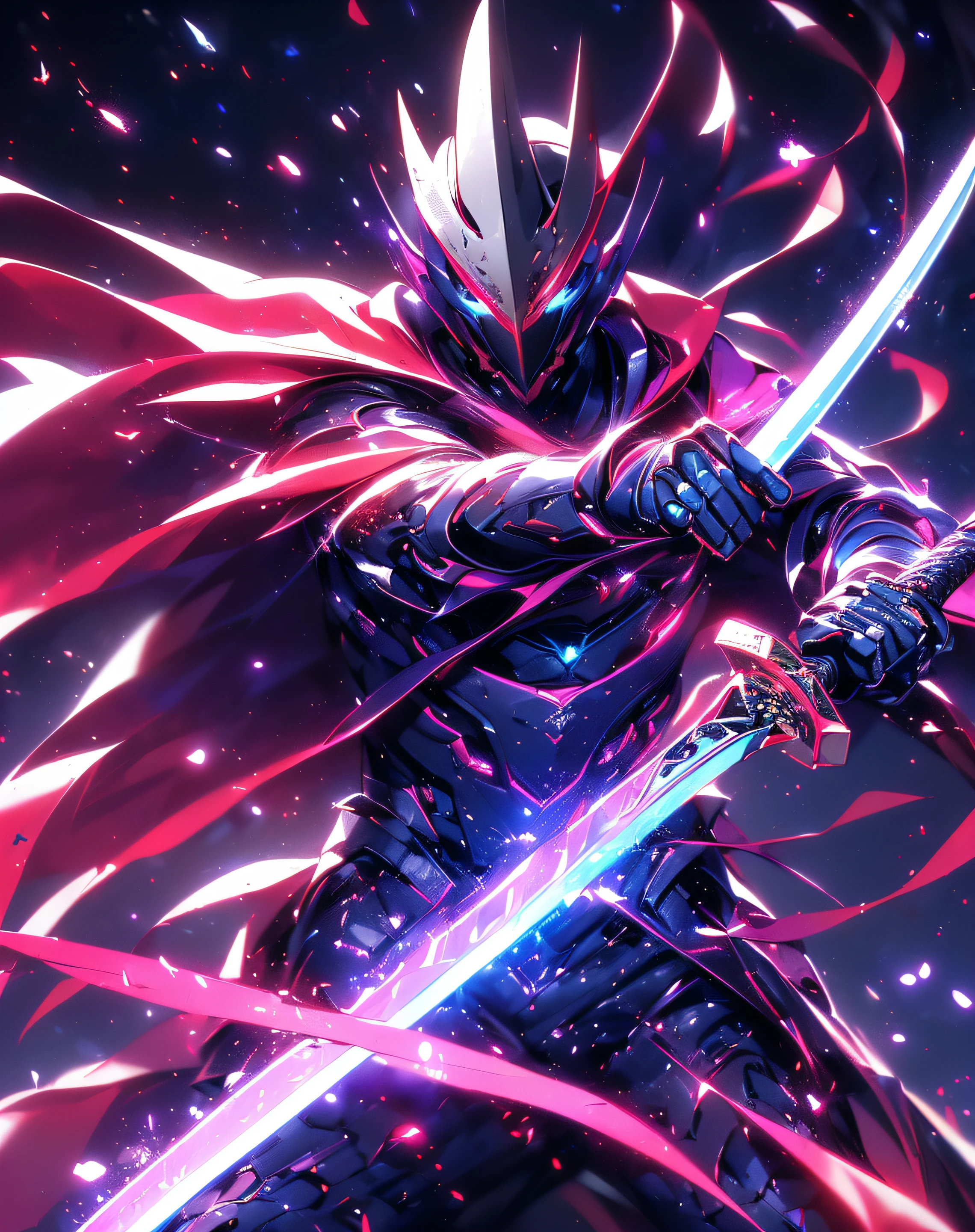 Super Realistic, Hyper Realistic, Super Detailed, (cybersamurai, 1boy, ((solo)), attacking with purple sword, wearing blue-red armor and mask, cape, glowing beautiful red eyes, glow:1.3) (glowing simple black background:1.25),