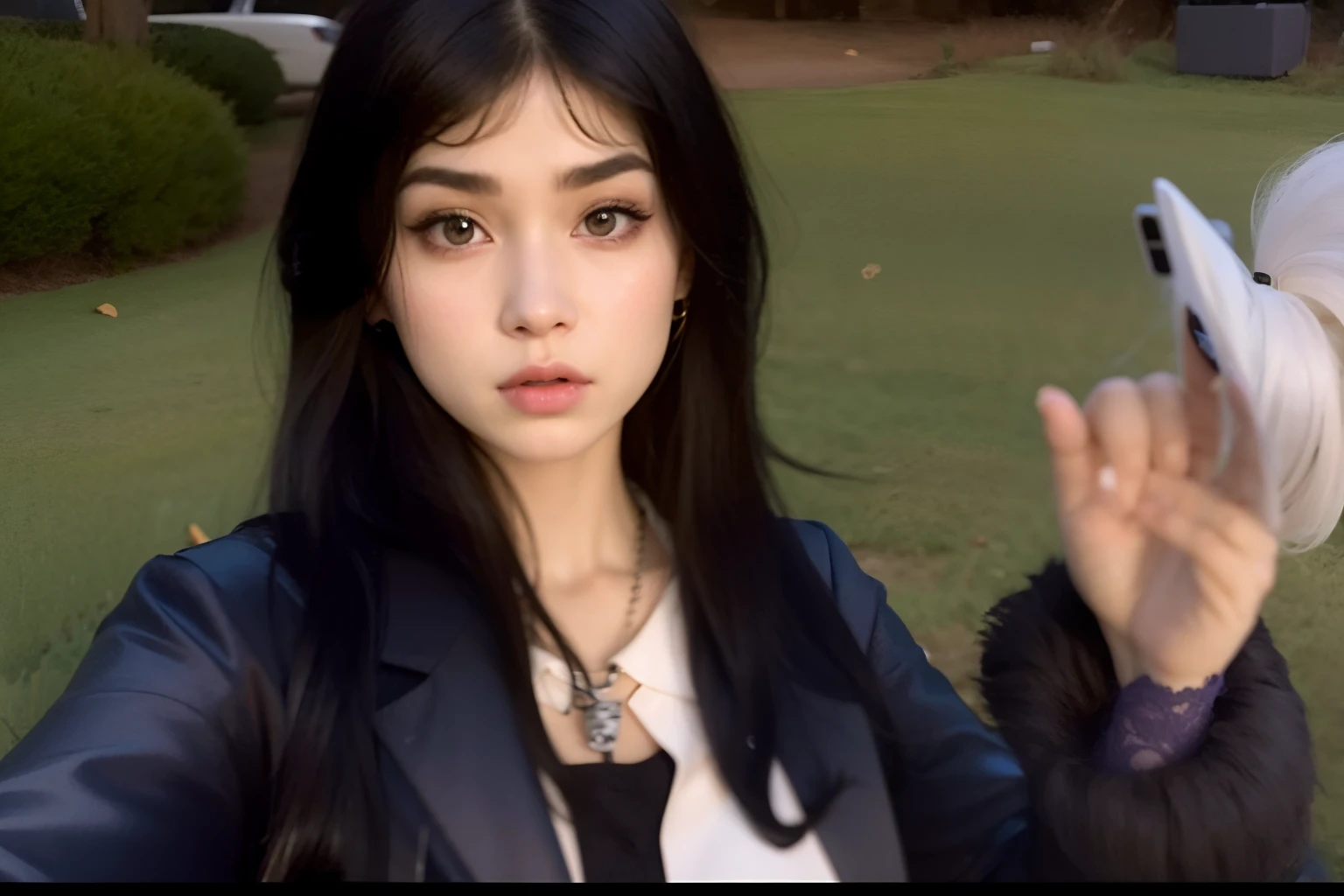there is a woman that is holding a cell phone in her hand, Ela parece uma mistura de Grimes, parece uma mistura de grimes, parece uma mistura de grimes, Ela tem cabelo preto com franja, imagem de qualidade muito baixa, assemelhando-se a uma mistura de grimes, her face looks like an orchid, Poarch bonito, ava max, foto de perfil