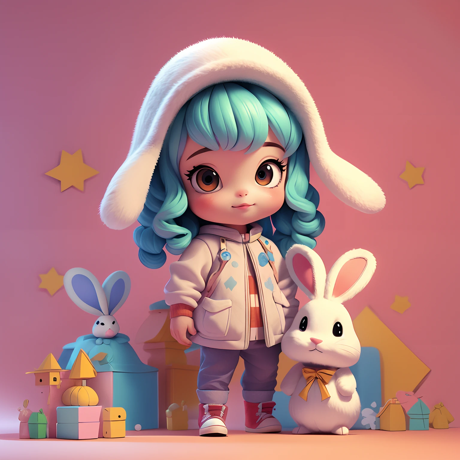 Rabbit anthropomorphism，bit girl，head portrait，3 d model，tmasterpiece