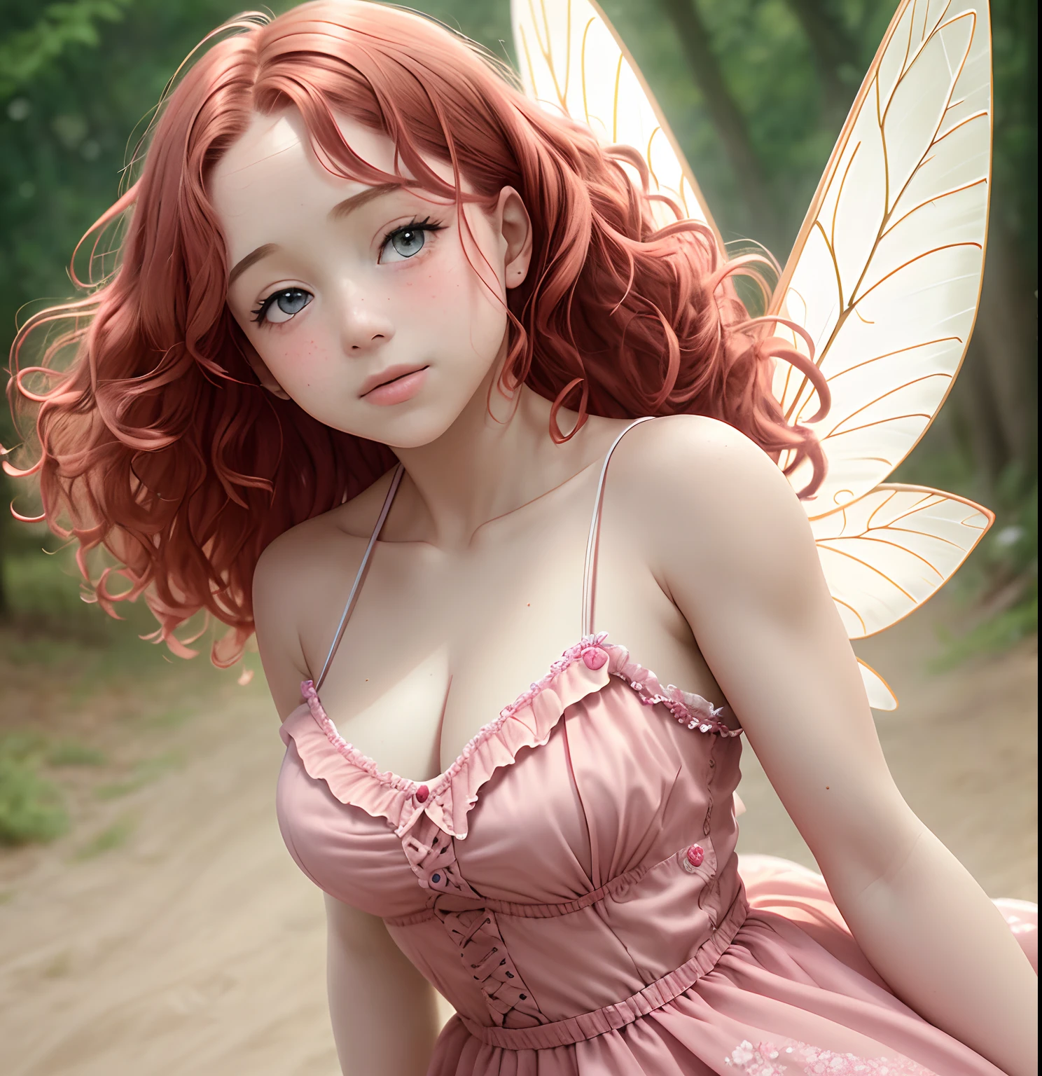 Red headed chubby woman, fairy wings, fairy dress, cartoon, realistic, detailed, animated