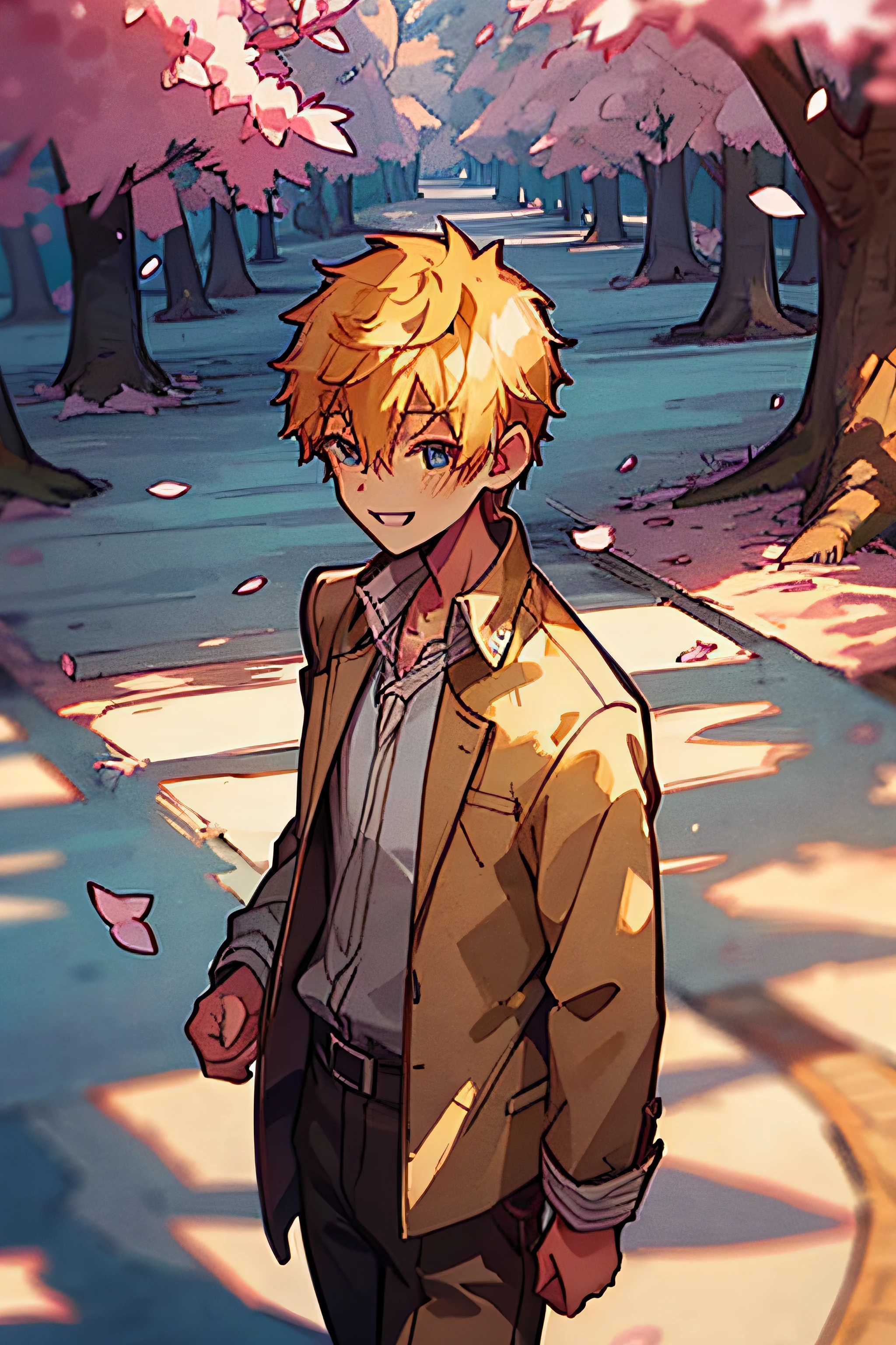 1.5, best quality, high quality, High definition, High quality texture, high detail, beautiful detailed, finely detailed, extremely detailed cg, detailed texture, 1man, boy, male, ((teru minamoto)), walking through forest, ((jacket)), smiling, warm, sakura trees, close to camera