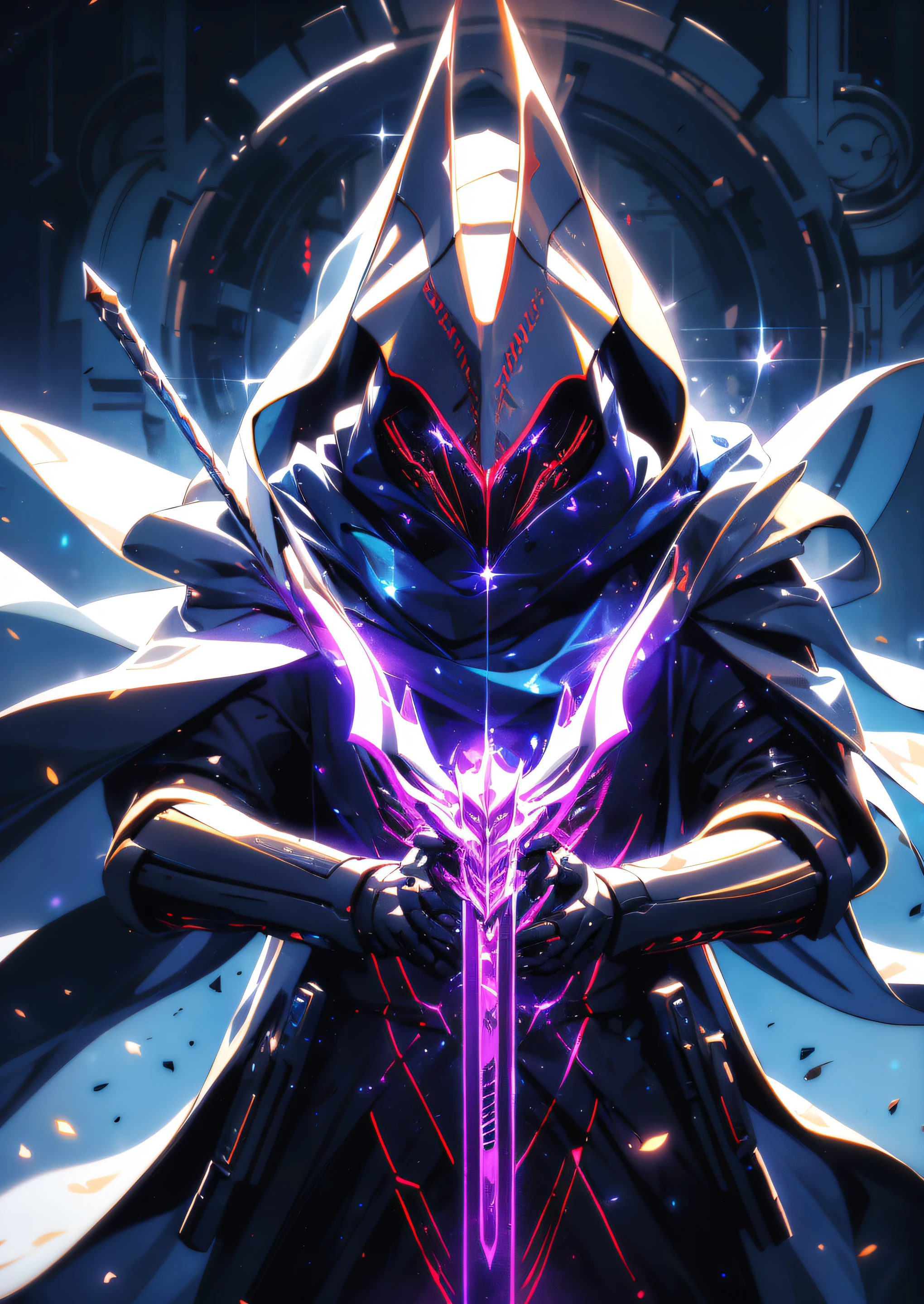 realistic,shiny,reflective,bioluminic, galactic cybernetic mask,mecha,(assassin:1.2),((((scarf,long cloak)))),sh4g0d,GlowingRunes_red,fullbody,cinemnatic,dark background,backlight,high contrast,