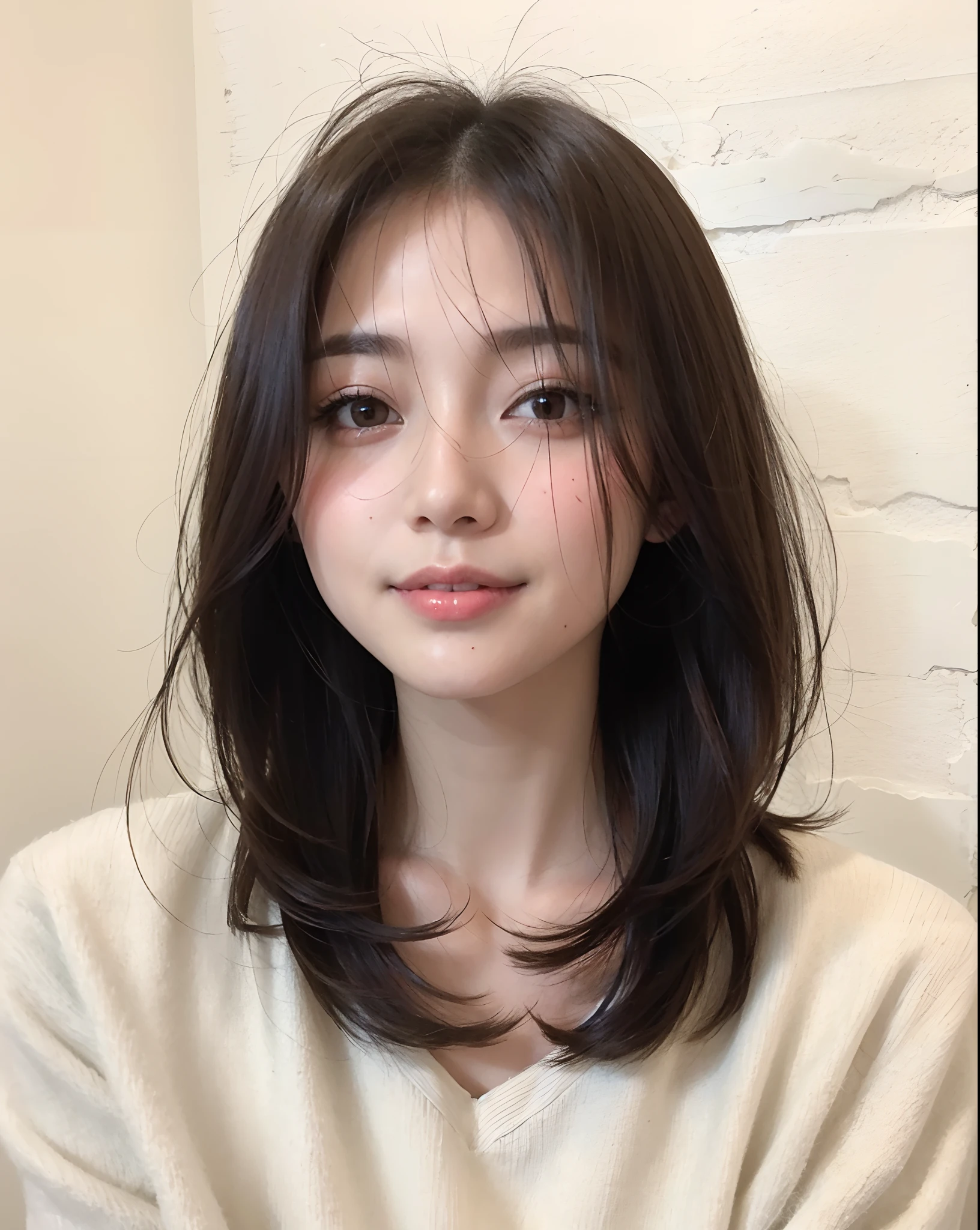 Woman with long hair and blouse posing in photo, middle length hair, shoulder-length hair, shoulder length hair, hime-cut, medium lenght hair, With short hair, Wavy shoulder-length hair, white hime cut hairstyle, shoulder-length black hair, shoulder length hair, Shoulder length, A dark-haired, Short medium-length hair、layers-Cut、Smiling smile