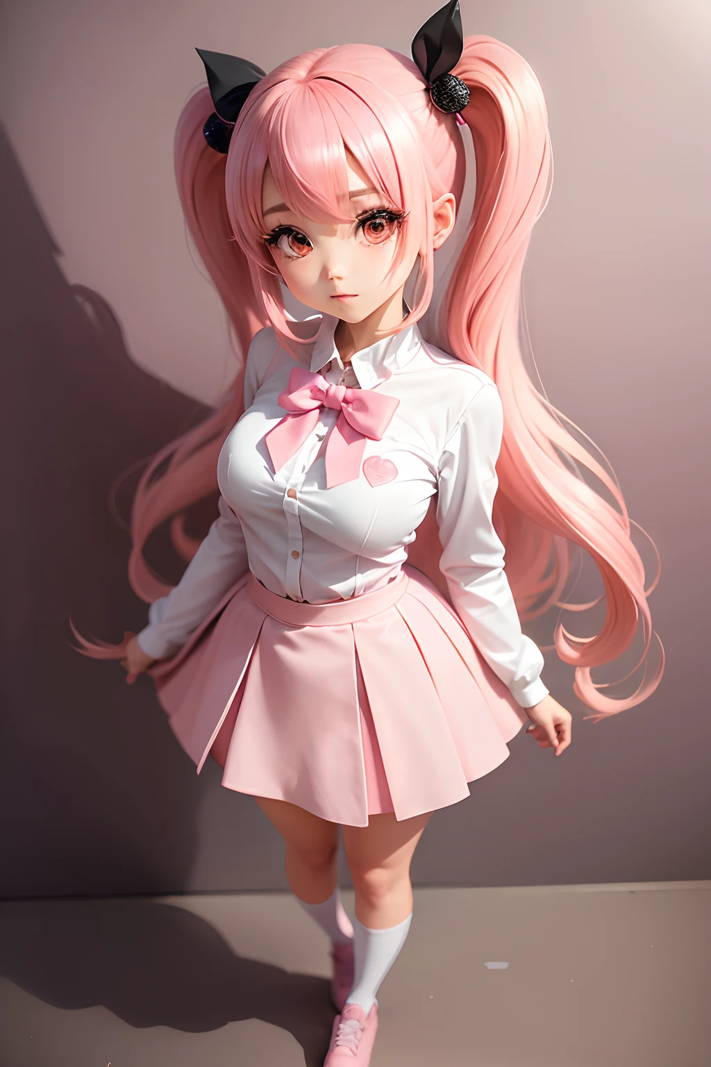 Extremely cute (Beautiful chibi anime girl), Moe new big head，Full body like，Solo, Simple background, Beautiful double tails*Pink* Hair, Beautiful detailed *Pink* High school uniform, full bodyesbian, standing, com rosto detalhado，com rosto detalhado *Pink* Eyes, The contour is sharp