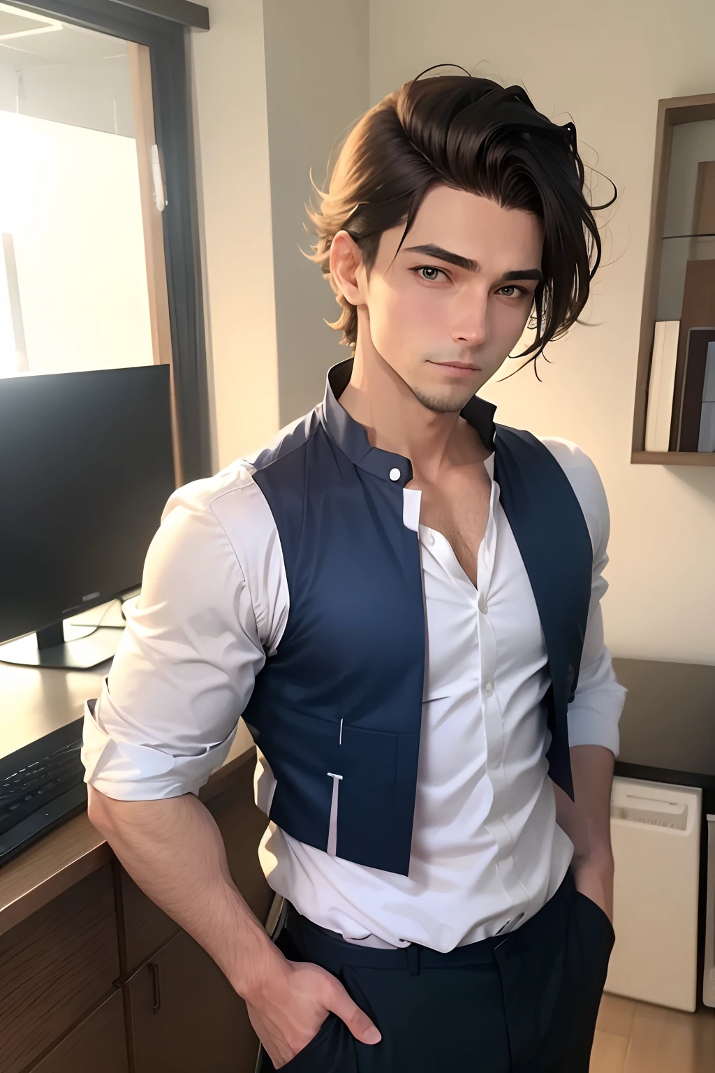 Homem com cabelo castanho curto penteado para o lado, vestindo uma roupa escolar, 18 anos, anime.