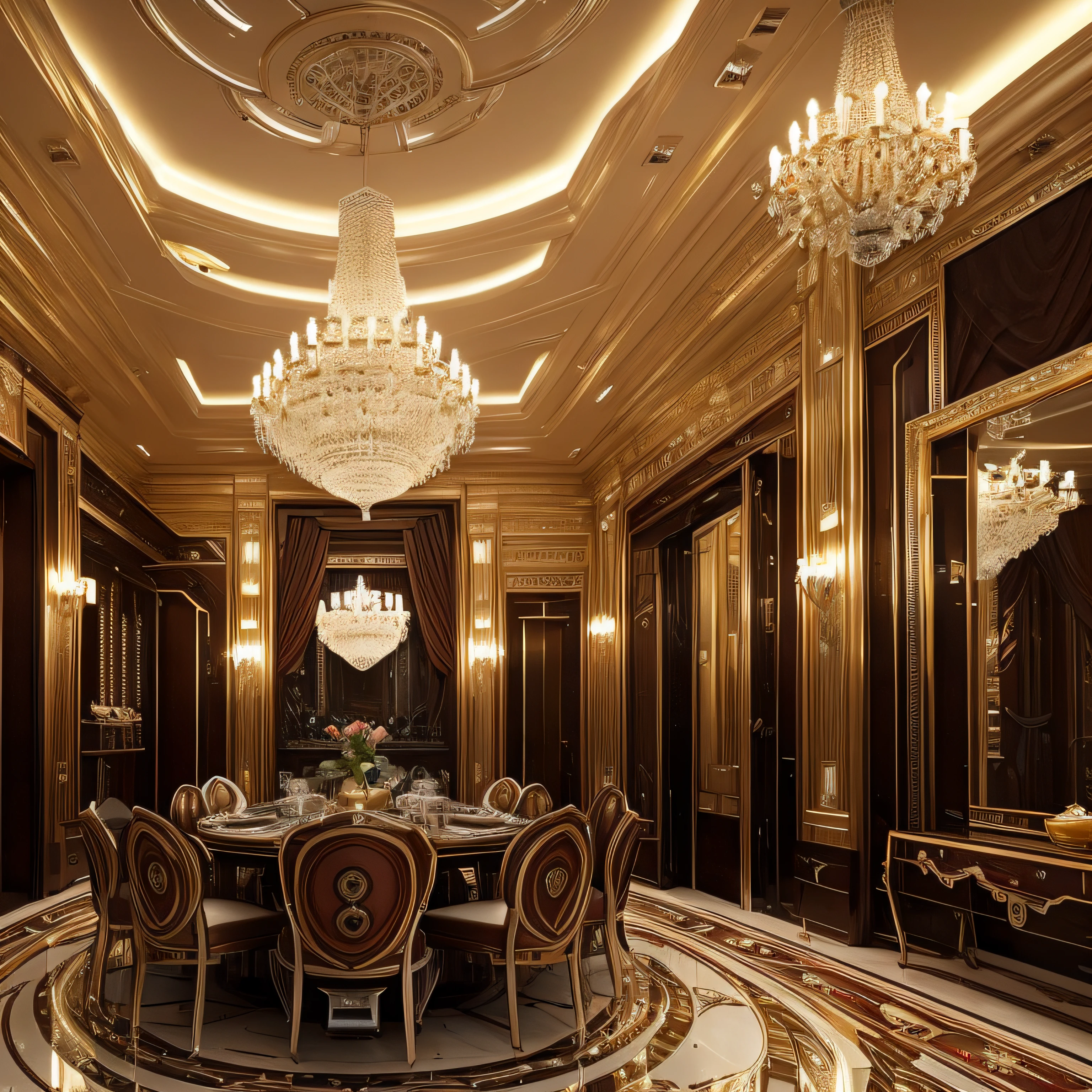 Tables and chairs、There is a dining room with a chandelier., cgsociety 9, Futuristic persian palace, cgsociety Unreal Engine, Redshift Houdini, Futuristic. Game CG, Unreal Engine Cinema 4D, Glamorous cyberpunk interior, Surreal Symmetry 8k, Rene Lalique and Eddie Mendoza, Cinematic Unreal 5, Cinematic Smoothness with Unreal Engine  