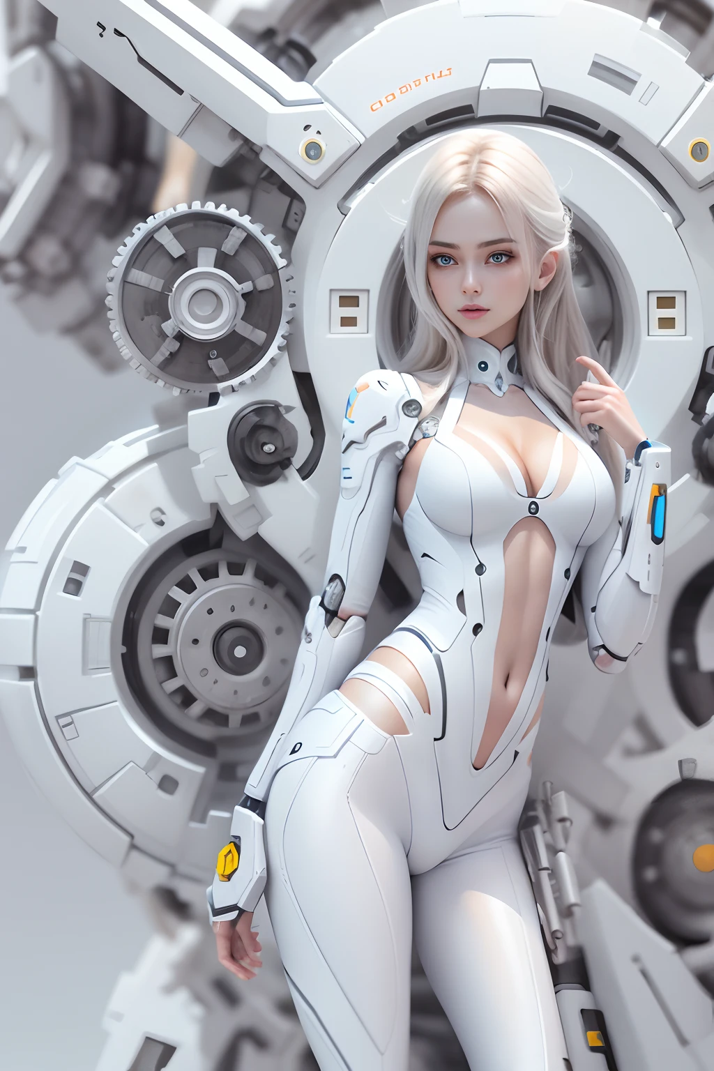 Mechanical female body, white colors, Perfect female body, Delicate, hyper HD, white backgrounid, hyper HD, Masterpiece, ccurate, Super detail, High quality, 16k