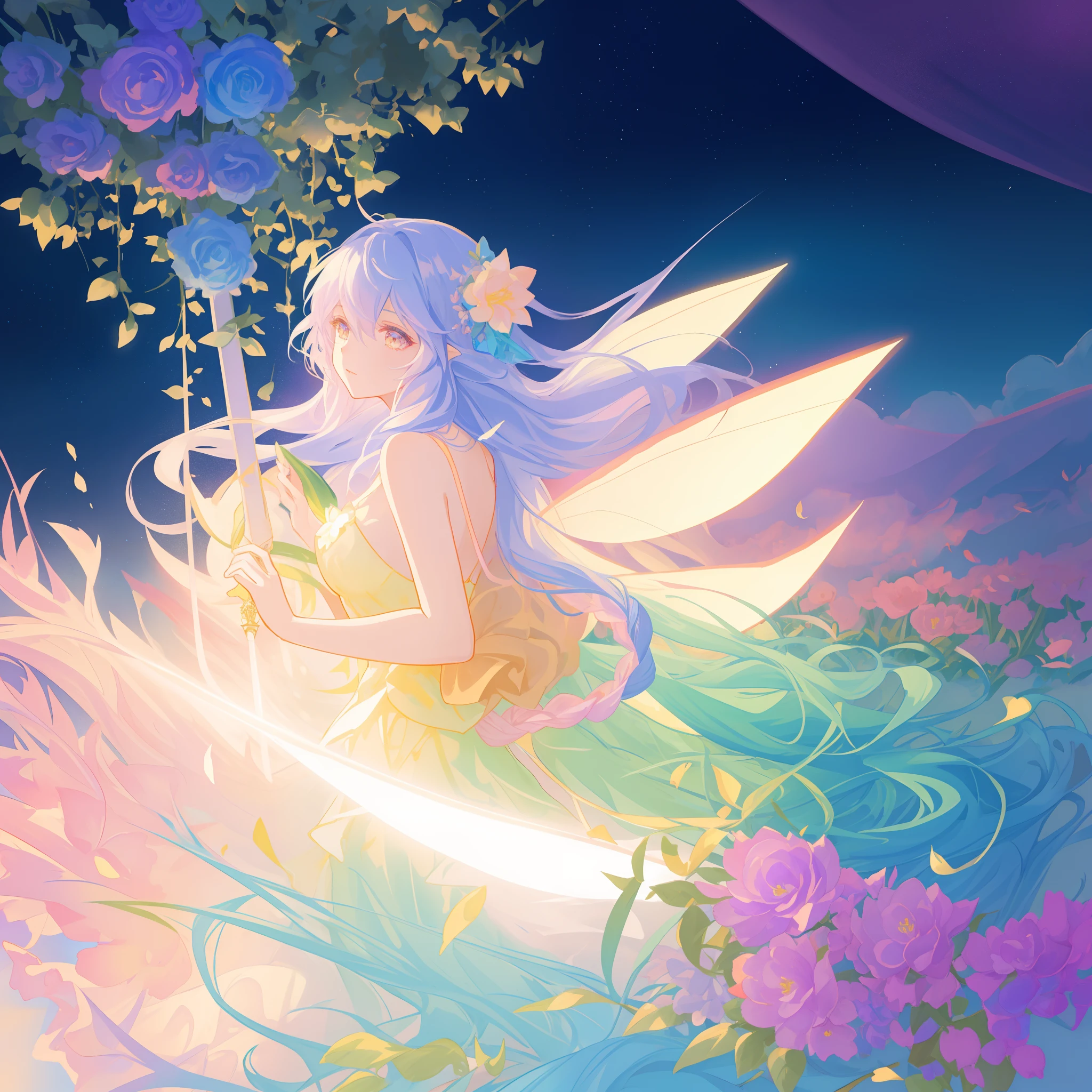 beautiful girl in flowing ballgown dress, (glowing fairy wings), glowing flowing ballgown, long wavy hair, sparkling fairy wings, watercolor illustration, flowers and colorful plants, inspired by Glen Keane, inspired by Lois van Baarle, disney art style, by Lois van Baarle, glowing aura around her, by Glen Keane, jen bartel, glowing lights! digital painting, flowing glowing hair, glowing flowing hair, beautiful digital illustration, fantasia otherworldly landscape plants flowers, beautiful, masterpiece, best quality, anime disney style