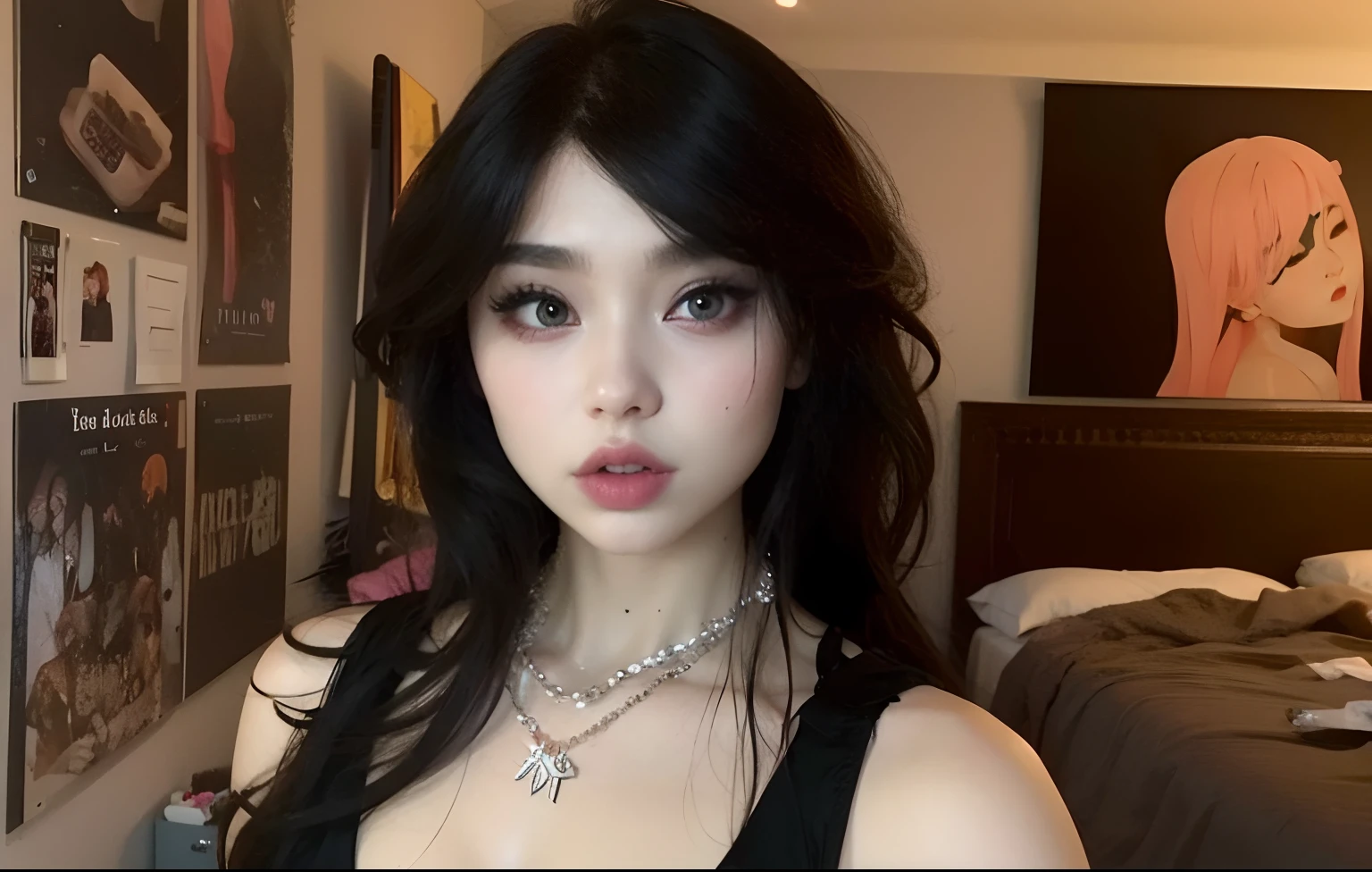 there is a woman with a black top and a necklace on, cruel korean goth girl, 1 7 - - old h girl, pale goth beauty, goth girl aesthetic, Ela parece uma mistura de Grimes, com cabelos longos e olhos penetrantes, 1 7 - year - anime g girl, pale porcelain white skin, Ela tem cabelo preto com franja