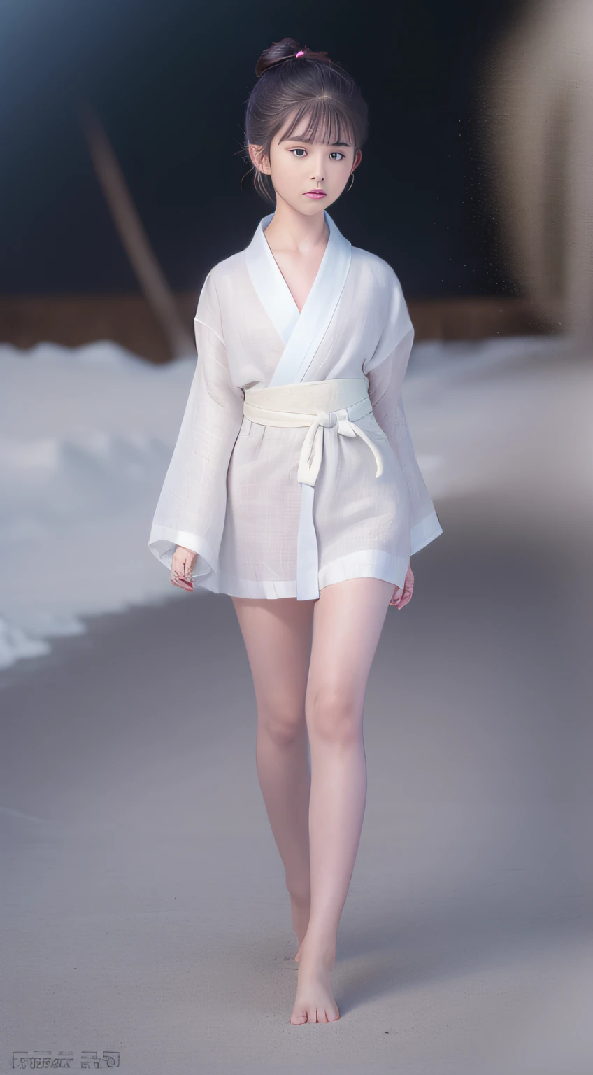((Best quality, 8K, Masterpiece :1.3)), Sharp focus:1.2 , Photorealsitic,(Cinematic lighting),Facial detail texture. Eye details. Double eyelids, Slender body. Super small breasts, Sexy collarbone,12-year-old girl, photo-realistic:1.37,Perfect eyes, ((1 girl in a white yukata)),(white sash),(Ultra-thin fabric),((Ragged linen)),With a petite figure,brunette color hair,hair-bun,Qi bangs,Stand in the snow,The barefoot,Full body like,short- sleeved,short skirt,Exposing thighs,folds,((solid color backdrop)),is shy,Be red in the face