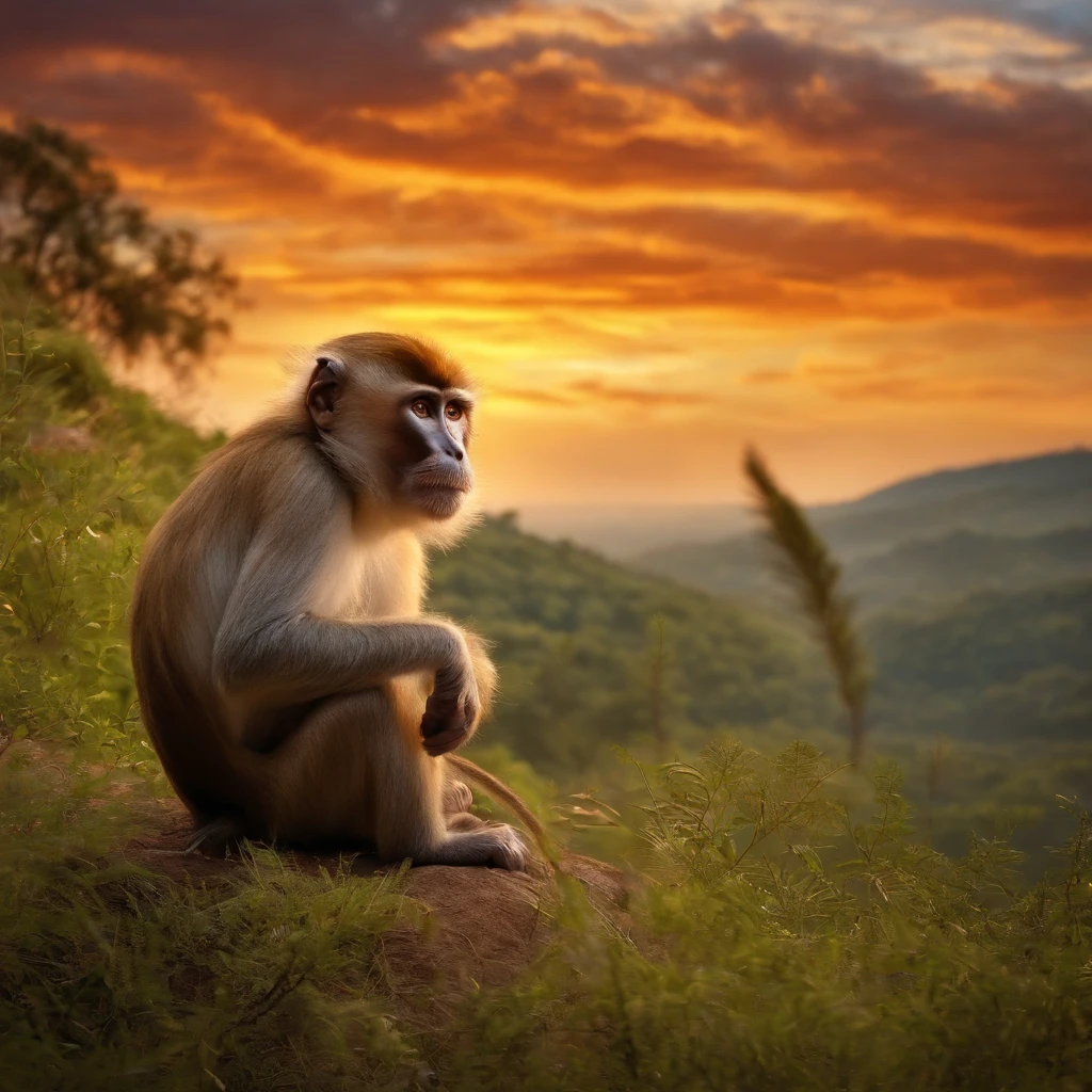 Two animated monkeys looking at the sky on the hill