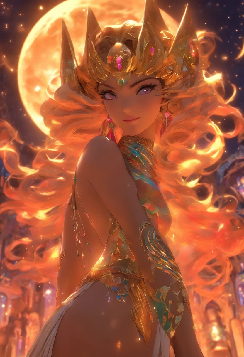 full body,(((Sex Goddess))) best quality, ultra-high resolution, 4K detailed CG, masterpiece, ASTARTE, Arab woman, short hair, ((full body)),((waning moon diadem )),earrings, necklace, Arabic clothing, Phoenician mythology, Arabic painting style, aesthetics, beautiful image, depth of field, centered on the canvas