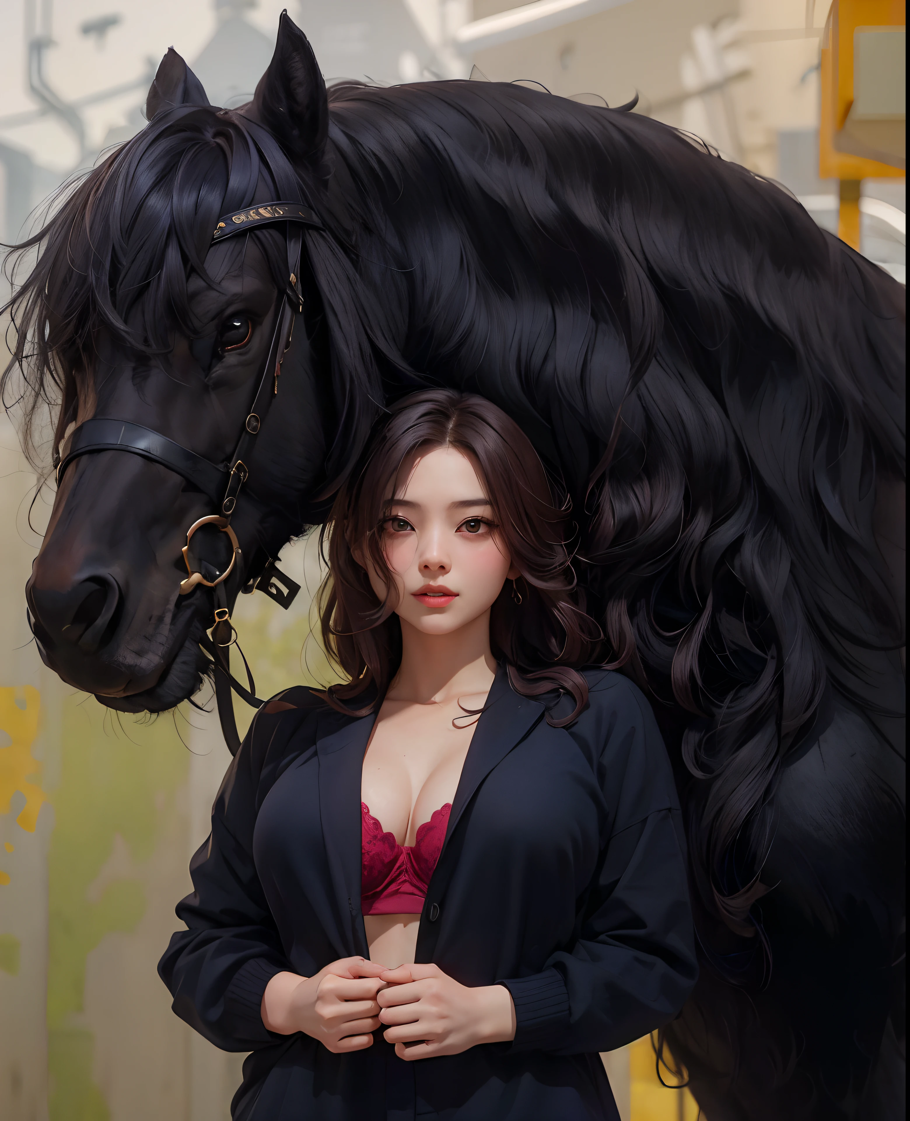 Hay una mujer de pie junto a un gran caballo negro, por Yang J, Obras de arte al estilo de Guweiz, Estilo de arte realista, Ruan Jia y ArtGerm, cosplay realista, Artgerm y Atey Ghailan, por Ni Tian, Tendencias en CGVatstation, inspirado por Chen Yifei, Arte realista, Alena Aenami y Artgerm