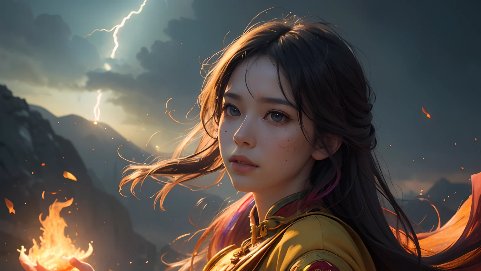 ((8k, realistic, ultra detail face, ultra detail body, colorfull)), 1 girl, sorcerrer, flying in the sky, chanting firestorm magig, thunder everywhere, flying fore dragon in the background
