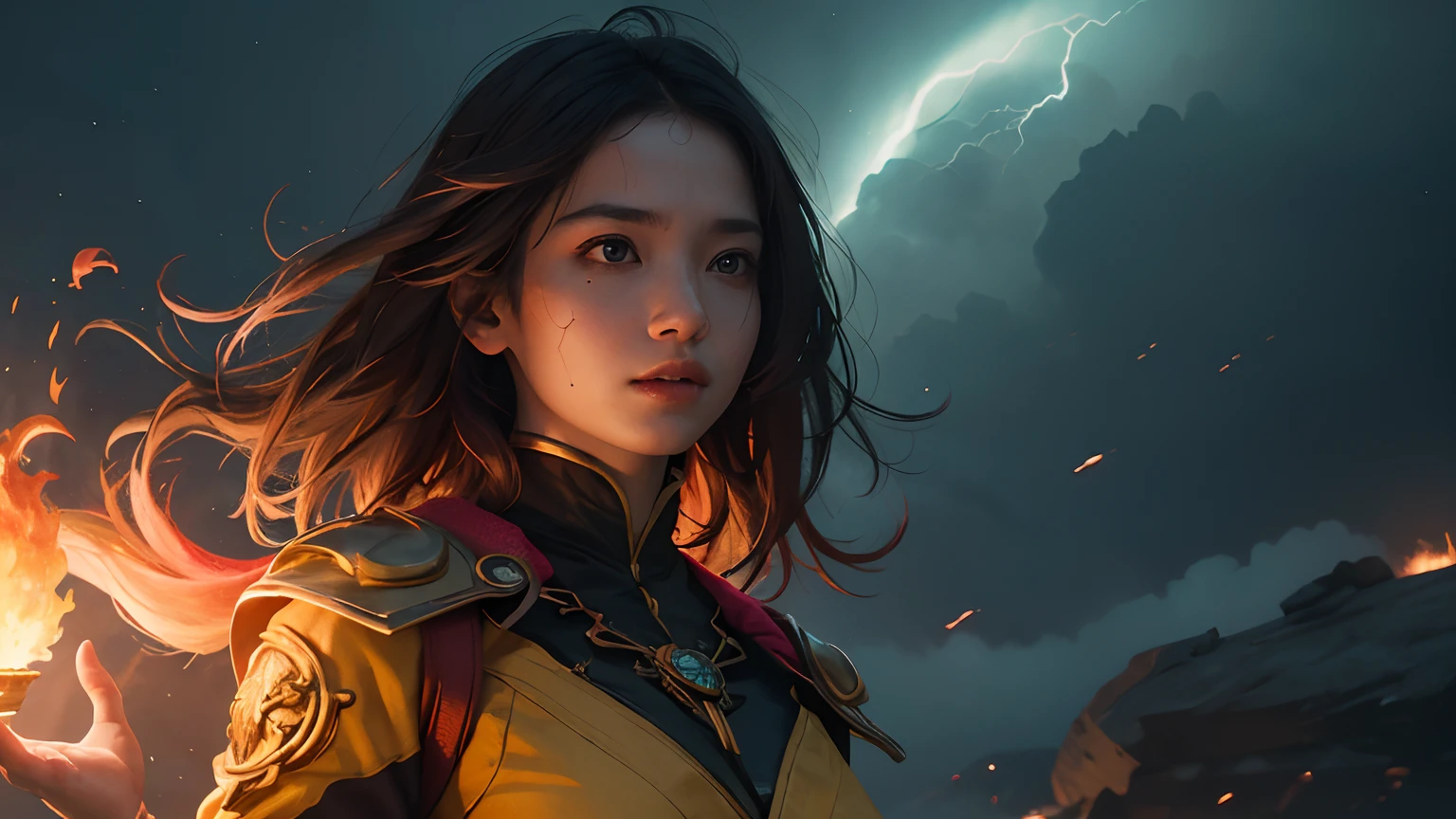 ((8k, realistic, ultra detail face, ultra detail body, colorfull)), 1 girl, sorcerrer, flying in the sky, chanting firestorm magig, thunder everywhere, flying fore dragon in the background