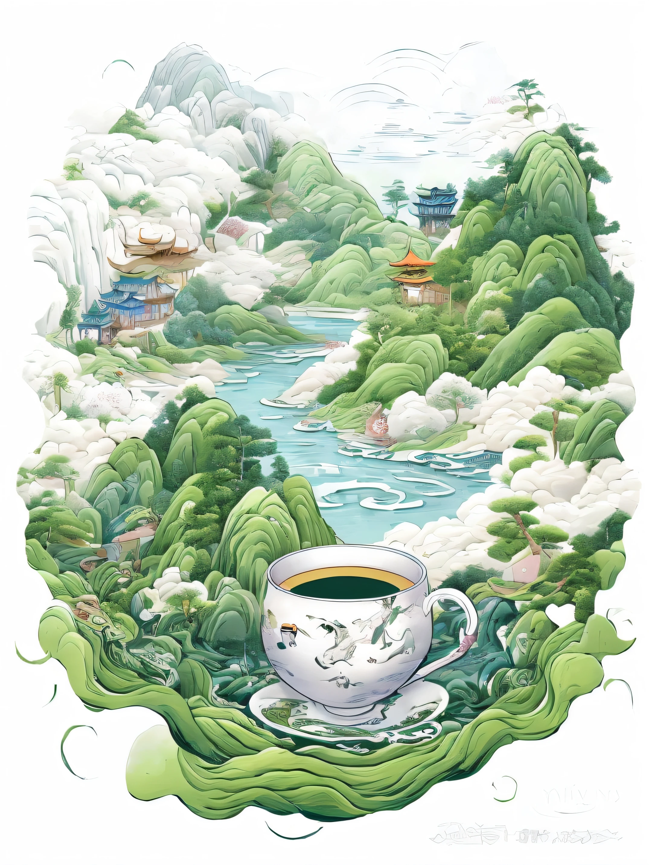 A tea painting with a landscape as a background, Chinese painting style, Chinese style painting, Chinese watercolor style, Highly detailed illustration, dreamland of chinese, chinese brush pen illustration, inspired by Huang Tingjian, author：Qiu Ying, A beautiful artwork illustration, full-colour illustration, Inspired by Xiao Yuncong, inspired by Yuan Jiang