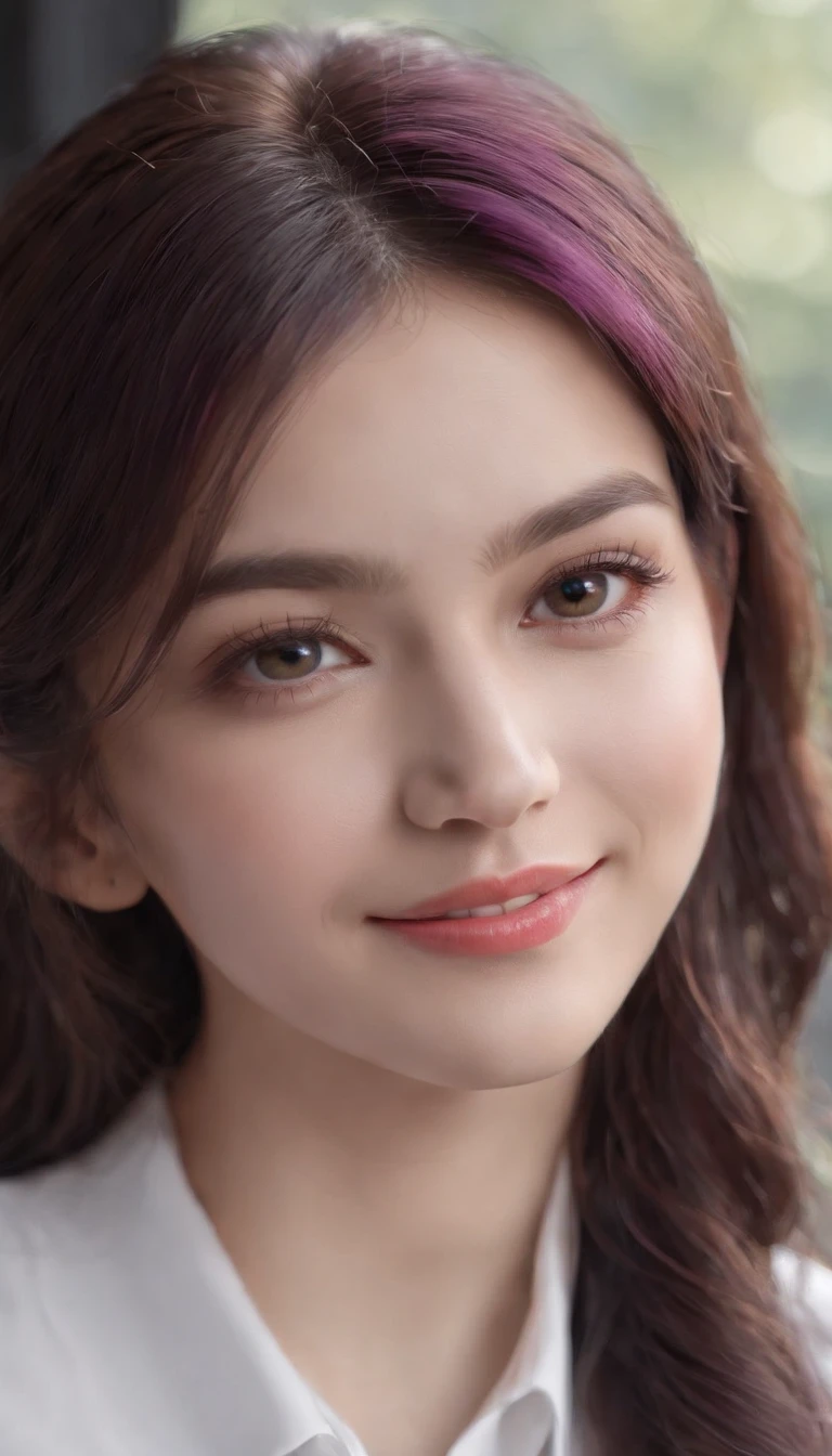 (best quality,4k,8k,highres,masterpiece:1.2),ultra-detailed,(realistic,photorealistic,photo-realistic:1.37),portrait,landscape,beautiful detailed eyes,beautiful detailed lips,extremely detailed eyes and face,longeyelashes,vivid colors,professional,physics-based rendering,ultra-fine painting,sharp focus,studio lighting,HDR,UHD,bokeh,elegant,modern school uniform,hair color dyed in purple and black,unique hairstyle,metal necklace,white shirt,accessories,smile,light smile,only one girl,black background