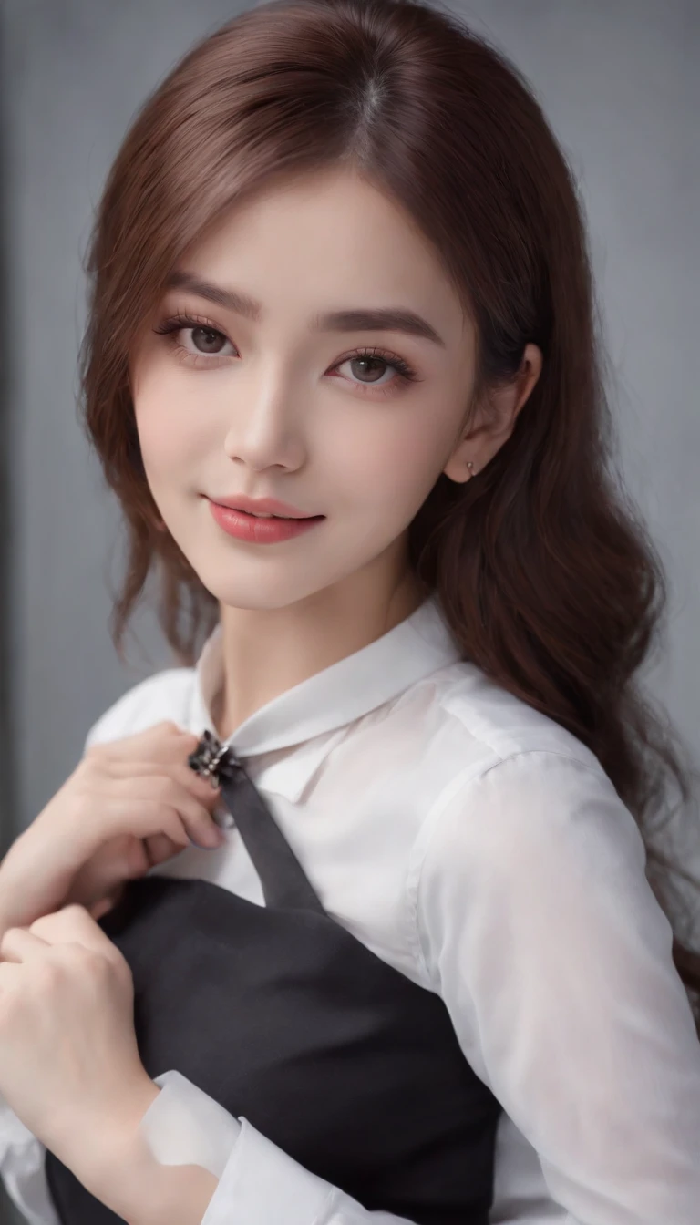 (best quality,4k,8k,highres,masterpiece:1.2),ultra-detailed,(realistic,photorealistic,photo-realistic:1.37),portrait,landscape,beautiful detailed eyes,beautiful detailed lips,extremely detailed eyes and face,longeyelashes,vivid colors,professional,physics-based rendering,ultra-fine painting,sharp focus,studio lighting,HDR,UHD,bokeh,elegant,modern school uniform,hair color dyed in purple and black,unique hairstyle,metal necklace,white shirt,accessories,smile,light smile,only one girl,black background