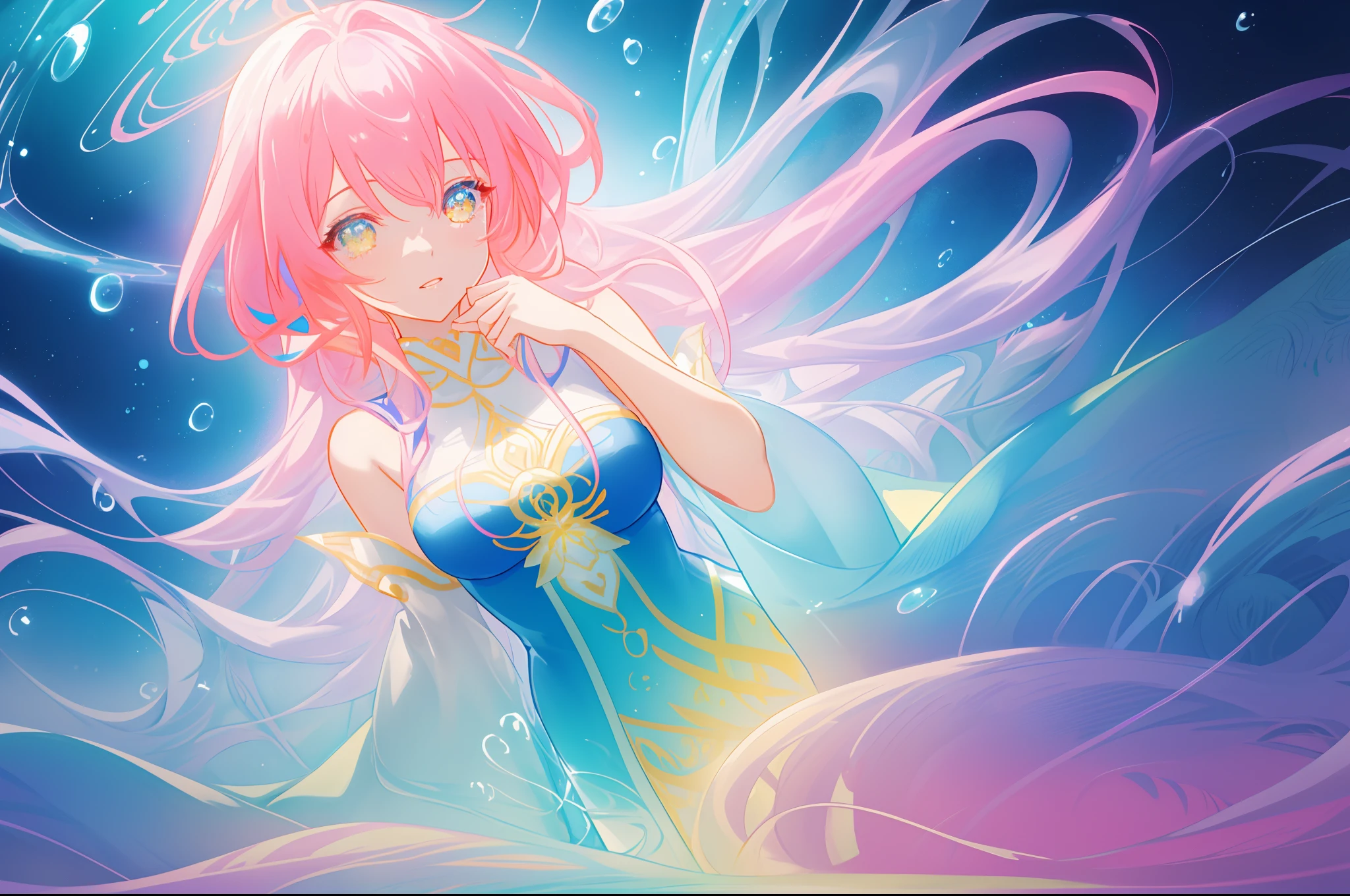 beautiful anime girl in colorful multi-layered dress made of liquid, long flowing liquid hair, magical water, water bubbles, colorful fantasia background, flowing liquid lines of light, magical water, ((vibrant pastel colors)), (colorful), magical lights, sparkling lines of light, inspired by Glen Keane, inspired by Lois van Baarle, disney art style, by Lois van Baarle, glowing aura around her, by Glen Keane, jen bartel, glowing lights! digital painting, flowing glowing hair, glowing flowing hair, beautiful digital illustration, fantasia background, whimsical, magical, fantasy, beautiful face, ((masterpiece, best quality)), intricate details, highly detailed, sharp focus, 8k resolution, sparkling detailed eyes, liquid watercolor