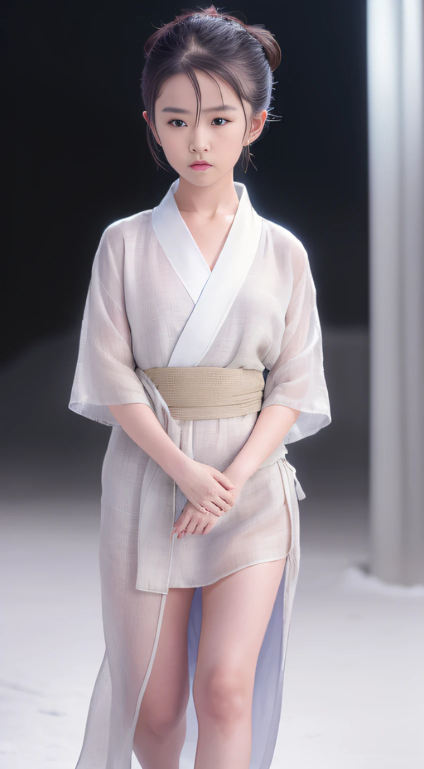 ((Best quality, 8K, Masterpiece :1.3)), Sharp focus:1.2 , Photorealsitic,(Cinematic lighting),Facial detail texture. Eye details. Double eyelids, Slender body. Super small breasts, Sexy collarbone,12-year-old girl, photo-realistic:1.37,Perfect eyes, ((1 girl in a translucent yukata)),(white sash),(Ultra-thin fabric),((Ragged linen)),With a petite figure,brunette color hair,hair-bun,Qi bangs,Stand in the snow,The barefoot,Full body like,short- sleeved,short skirt,Exposing thighs,folds,((solid color backdrop)),is shy,Be red in the face