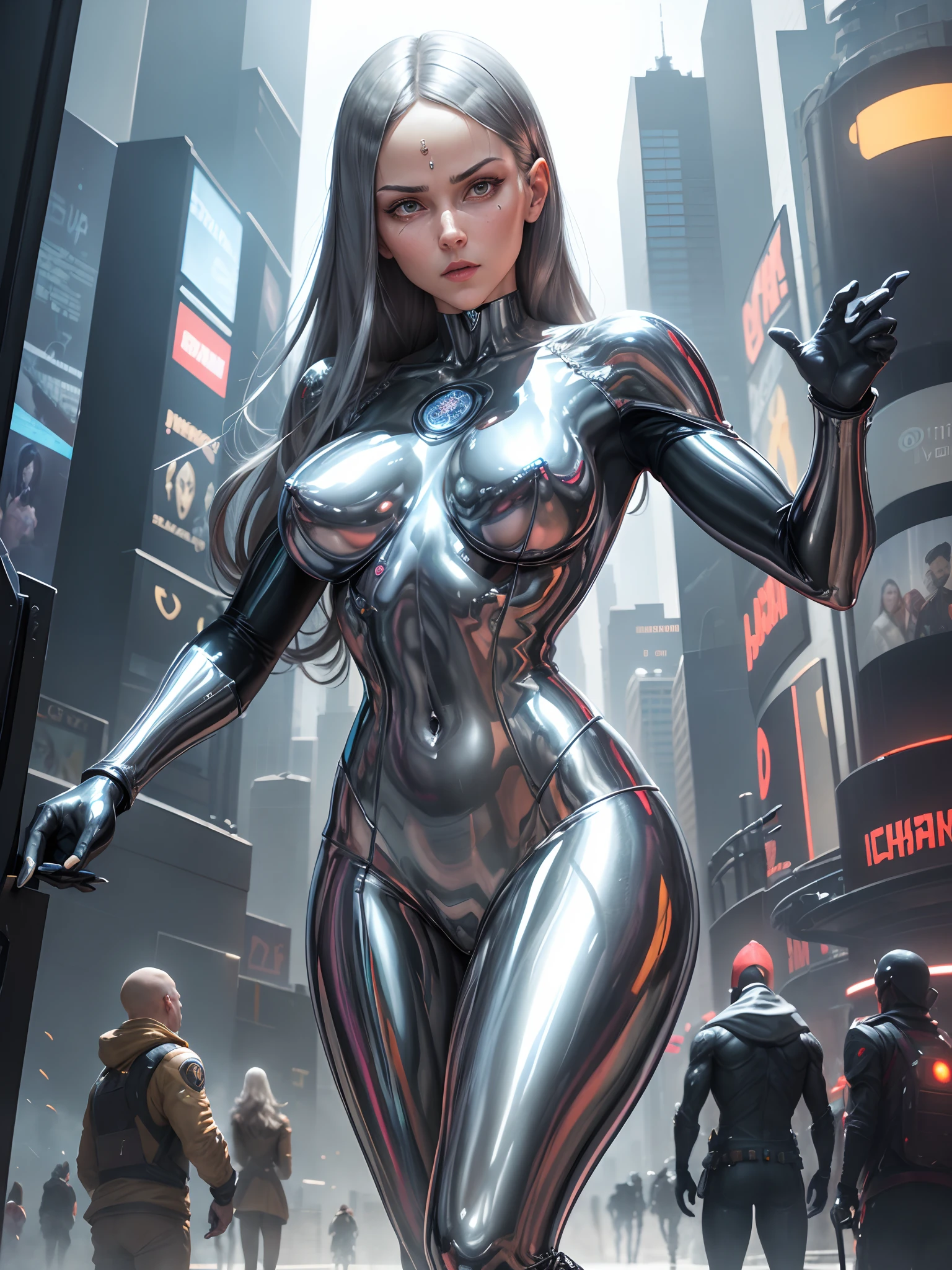 25-year-old Colossus-style woman, Piotr Rasputin's alter-ego, is a comic book character from Marvel Comics. Colossus' most famous power is his entire skin made of chrome-plated silver organic steel. The chromed silver metal is a psionic analogue of the element osmium, known primarily for being a transition metal. It is an incredibly dense metal, capable of withstanding everything, thin body, dynamic poses, (medium breasts: 1.3), (realism:1.5), (Realisitc:1.4), (Absurdity:1.4), 8k, ultra-detailed, beautiful girl detailed, (1:1.4 only), 1 girl, (Viewer facing:1.2), (new york: 1.4), (time square: 1.3), (bright sunny day:1.5), Intricate body details, (short: 1.3), (best quality: 1.0), (Ultra Highres): 1.0), highly detailed face and eyes, (photorealistic: 1.2)