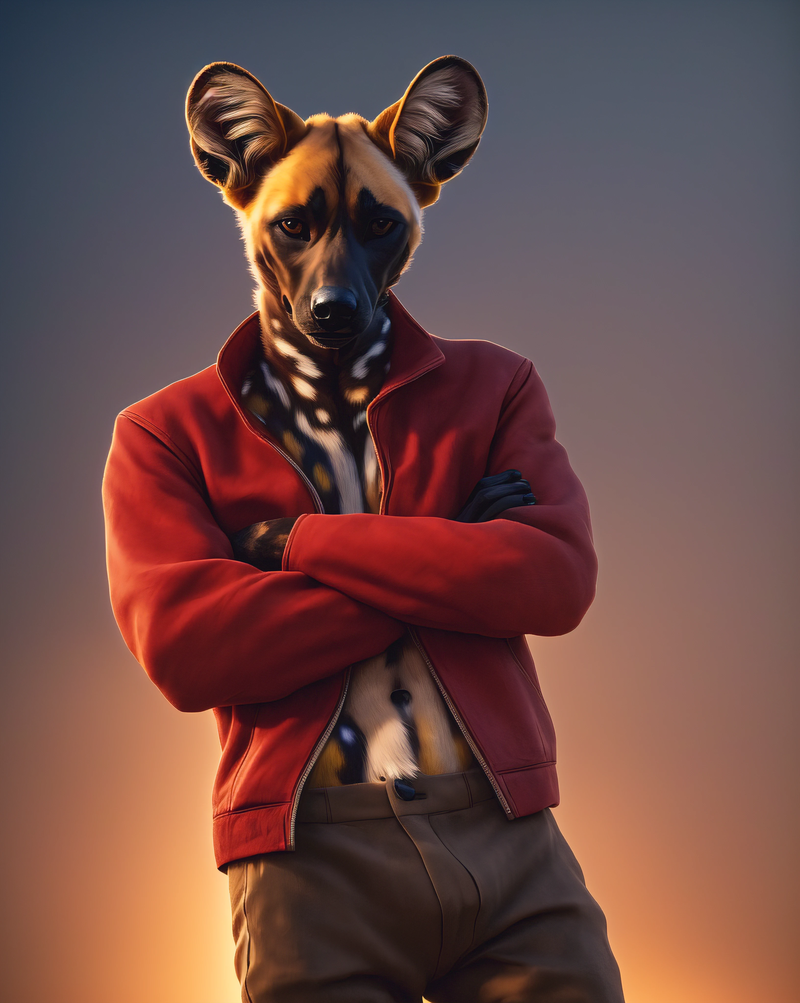 (best quality, 4k, 8k, highres, masterpiece:1.2), ultra-detailed, realistic:1.37, African wild dog,crossed arms,happy expression,tall pants,ultra-realistic red jacket, background from South Africa, vivid colors, studio lighting, wildlife portrait.