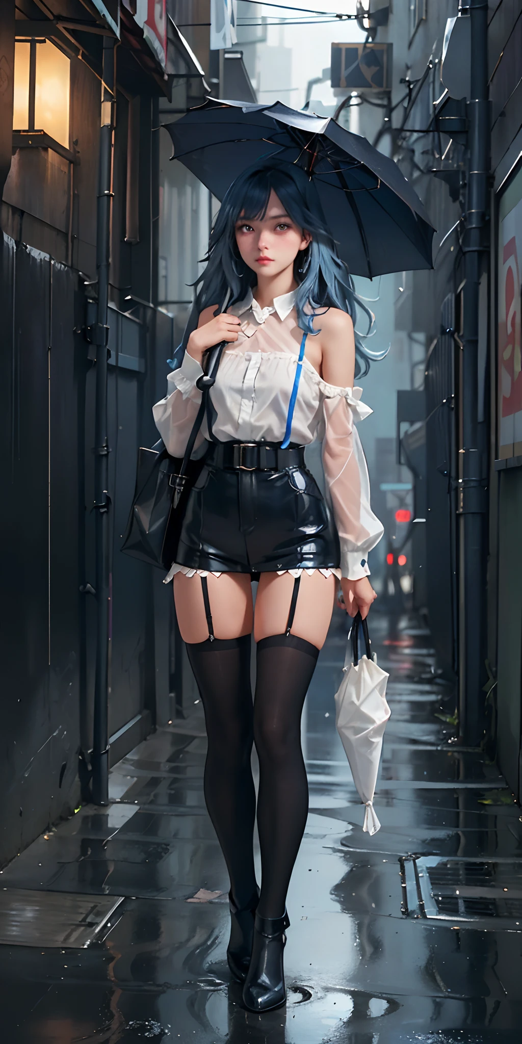 (best quality, masterpiece: 1.3), 1girl, rainy day, fog, alley, umbrella holding, large and transparent umbrella, looking at the viewer, blue hair, facing the photo, cyberpunk city, alone in the alley, neon in the alley, very reflective city, long hair, sized strands going over the alley, bars, Japan, Tokyo, garter belt on one leg, knee pad on the other leg, perfect hand, delicate, night
