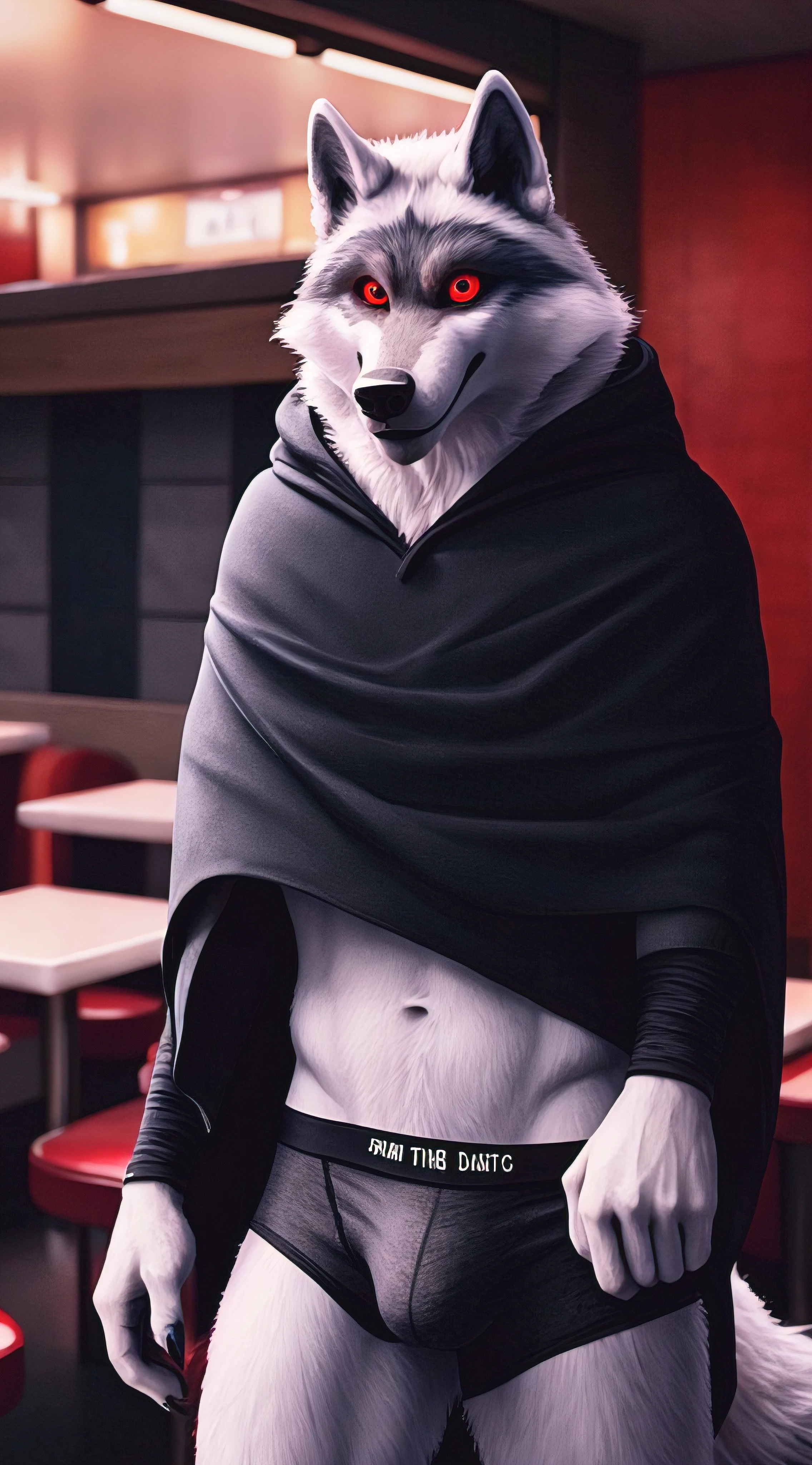 Best quality ultra realistic death wolf looking at the viewer (red eyes 1.1) wearing a black hoodie cape wearing underwear standing alone in a diner