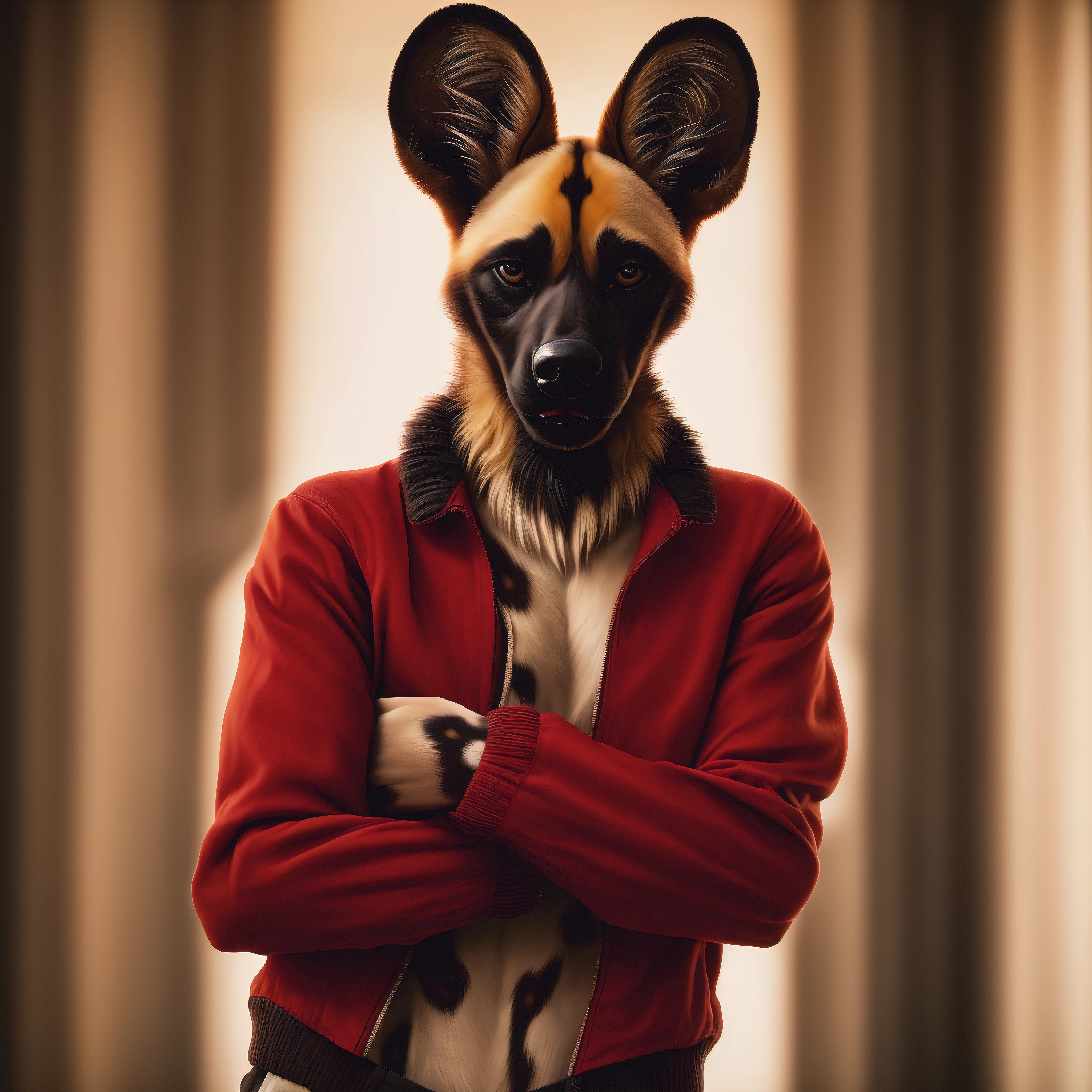 (best quality, 4k, 8k, highres, masterpiece:1.2), ultra-detailed, realistic:1.37, African wild dog,crossed arms,happy expression,tall pants,ultra-realistic red jacket, background from South Africa, vivid colors, studio lighting, wildlife portrait.