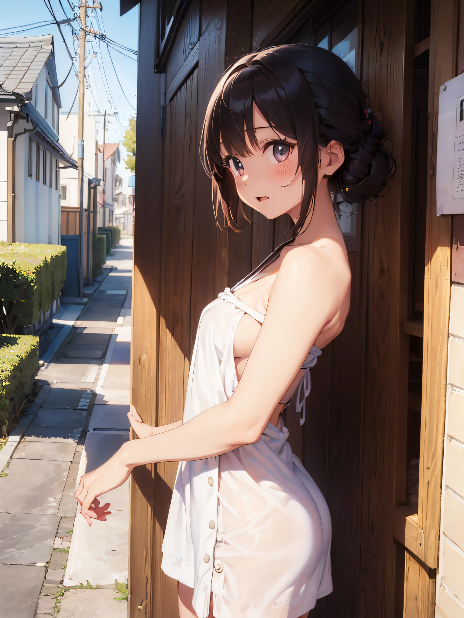 (masterpiece:2.0), (top-quality:2.0), (white Tube top extremely short length dress made by towel:1.5), (view from the side:1.5), (perfect exposed shoulders:1.5), (perfect exposed nape:1.5), (super sexypose:1.5), (blushed face:1.3), (barechested:1.3), (realistic:1.5), 1 girl, precise small hands, Embarrassed look, light smile, Open mouth, extremely cute girl, innocent face, young face, Clear eyes, Shining eyes, shoulder is visible, small breast, thigh is visible, No pubic hair, dynamic posing, The beautiful skin, ultra-definition, Top resolution, japan high school student, brown hair