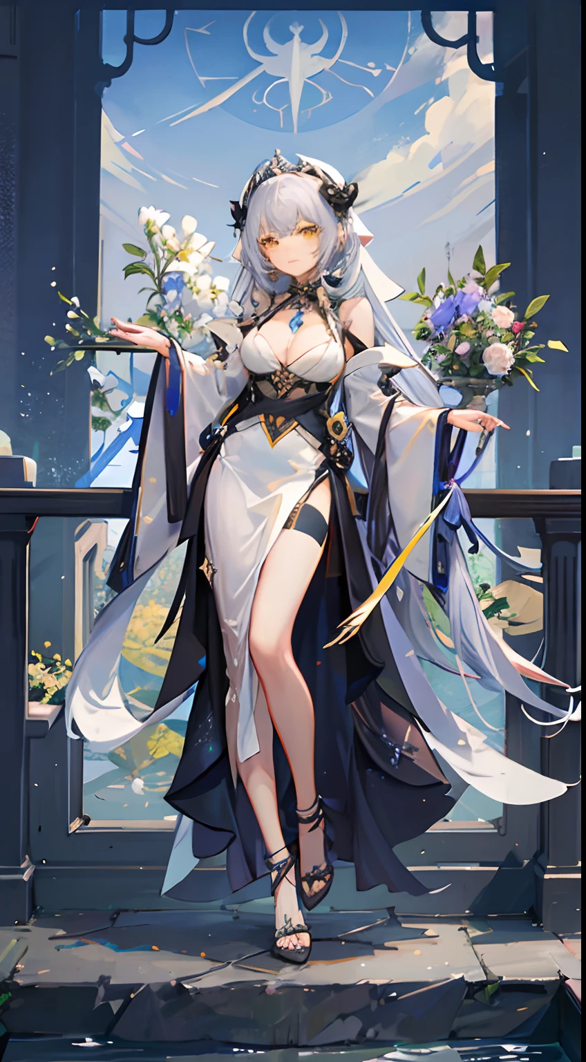 hightquality, Transcendent Beauty, a high chroma, goddes, Silver hair loosely braided long hair, Yellow eyes, Moderately large breasts, White neat dress, Luxury, nigh sky, Golden Balance, stele々shines, kosmos, 1 lily flower garden, Beautiful, Sacred atmosphere,Woman standing and praying,worship,Tarot card style